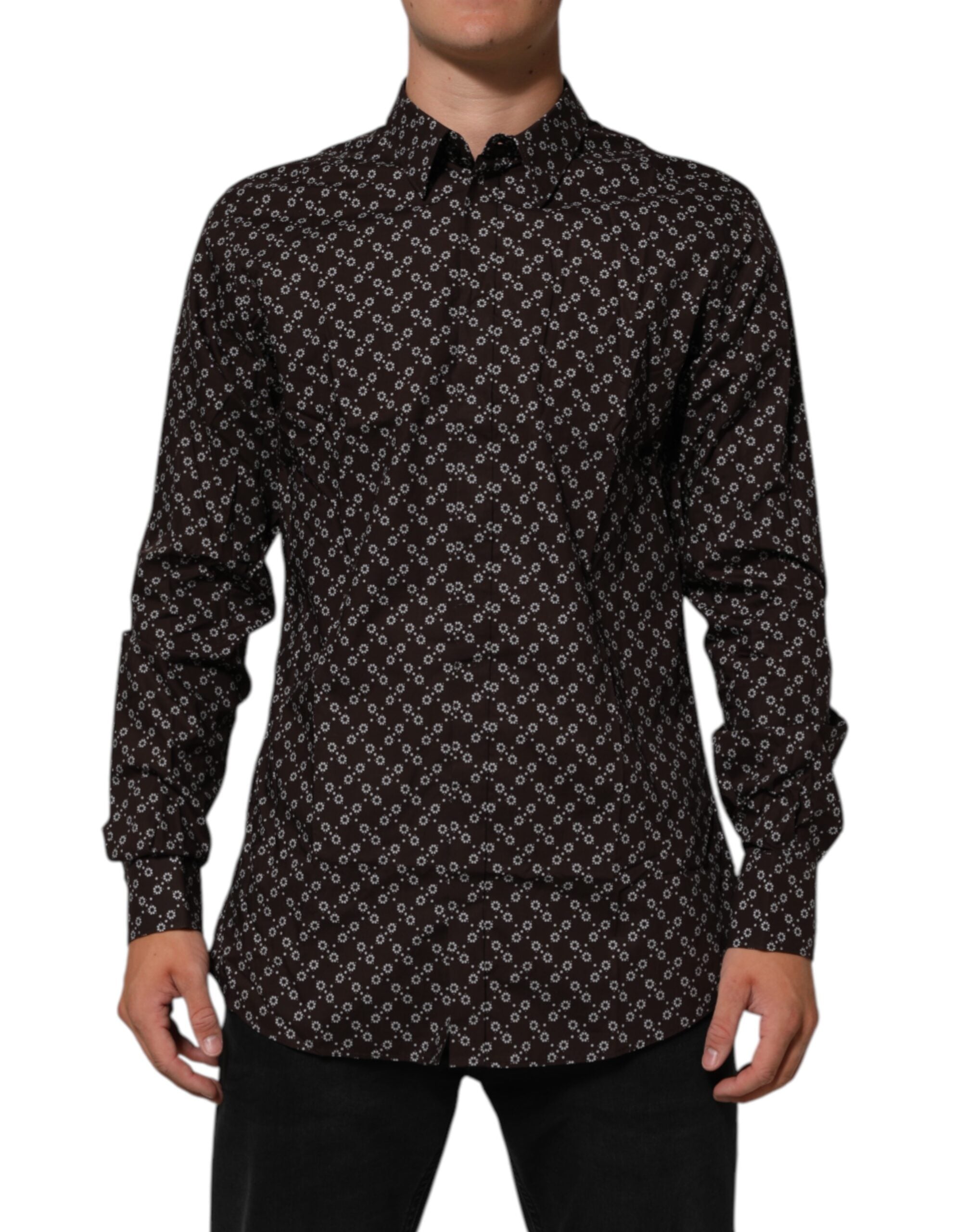 Chemise formelle Dolce & Gabbana brun avec col floral doré, détail élégant et tissu de haute qualité visible sur l'image.