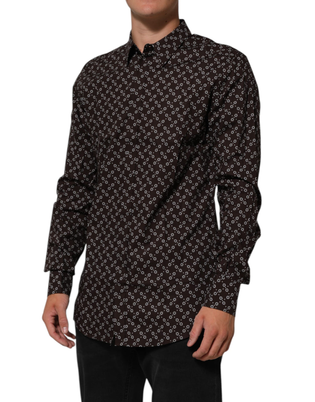 Chemise formelle Dolce & Gabbana marron avec motifs floraux, col contrasté et détails dorés visible sur l'image.
