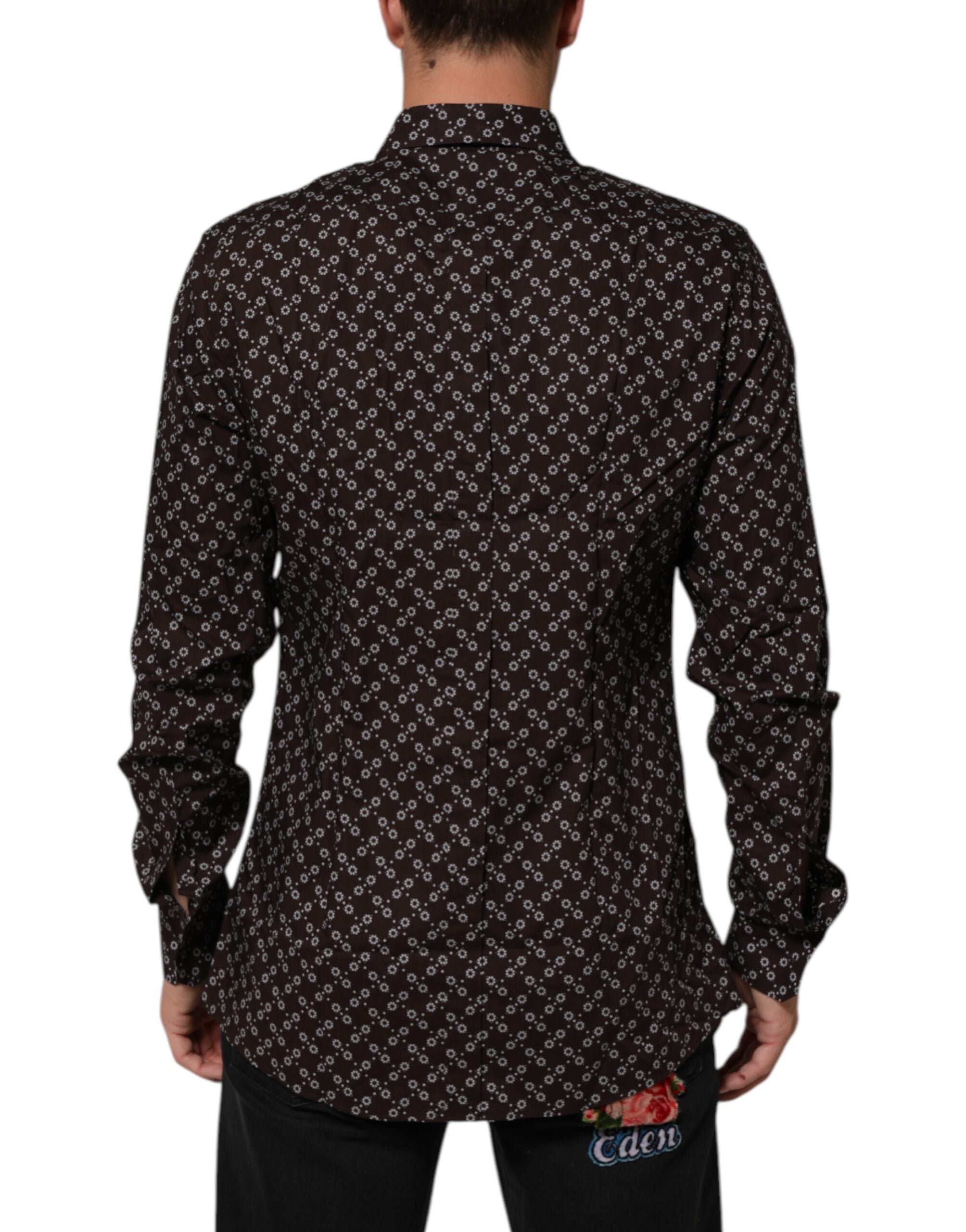 Chemise de costume Dolce & Gabbana marron avec motifs floraux, col avec détails en or, élégante et sophistiquée.