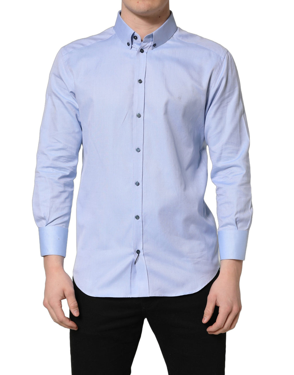 Chemise homme Dolce & Gabbana Light Blue en coton, style formel, pour occasions élégantes, visible avec col et boutons.