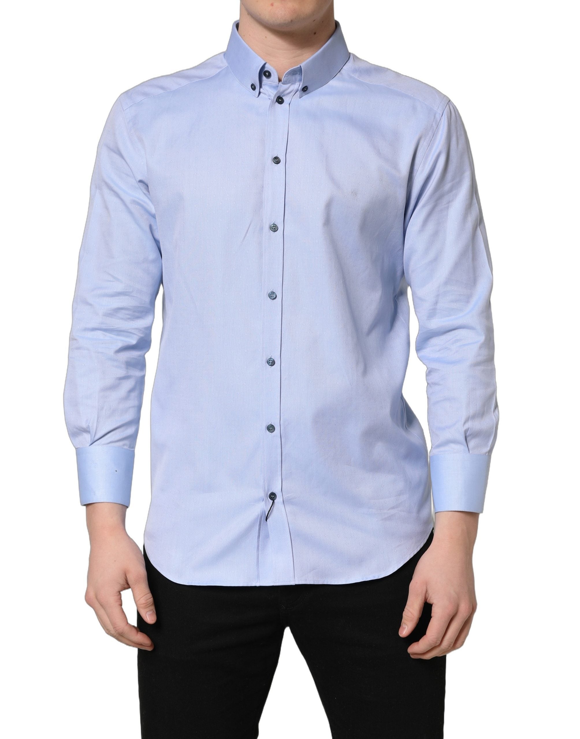 Chemise homme Dolce & Gabbana Light Blue en coton, style formel, pour occasions élégantes, visible avec col et boutons.
