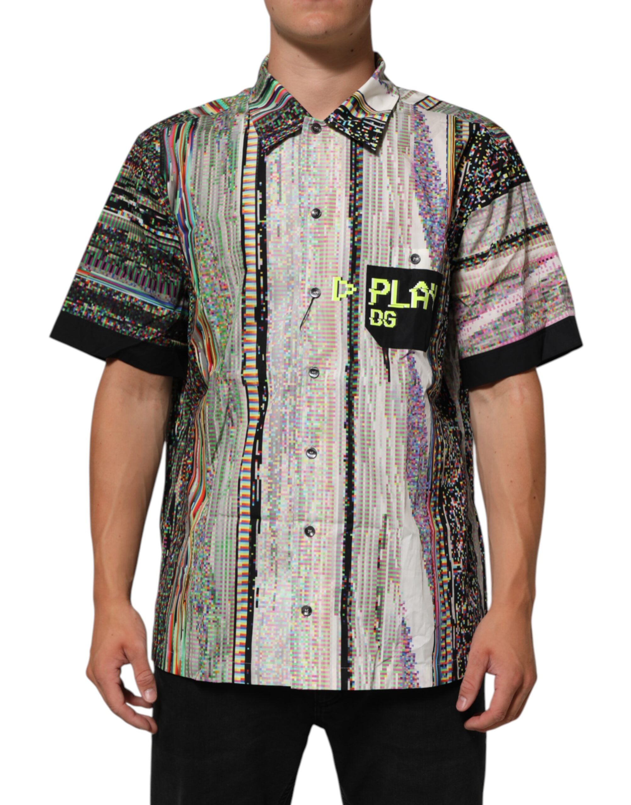 Chemise décontractée à col avec graphique multicolore Dolce & Gabbana, style casual et moderne.