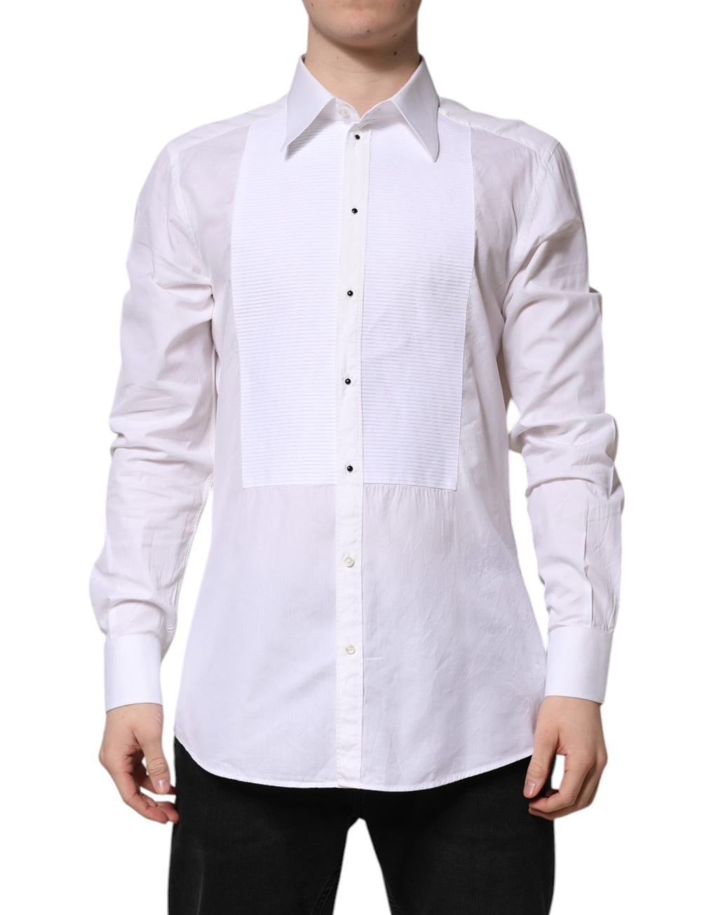 Chemise formelle blanche en coton Dolce & Gabbana avec manches longues et détails en or.