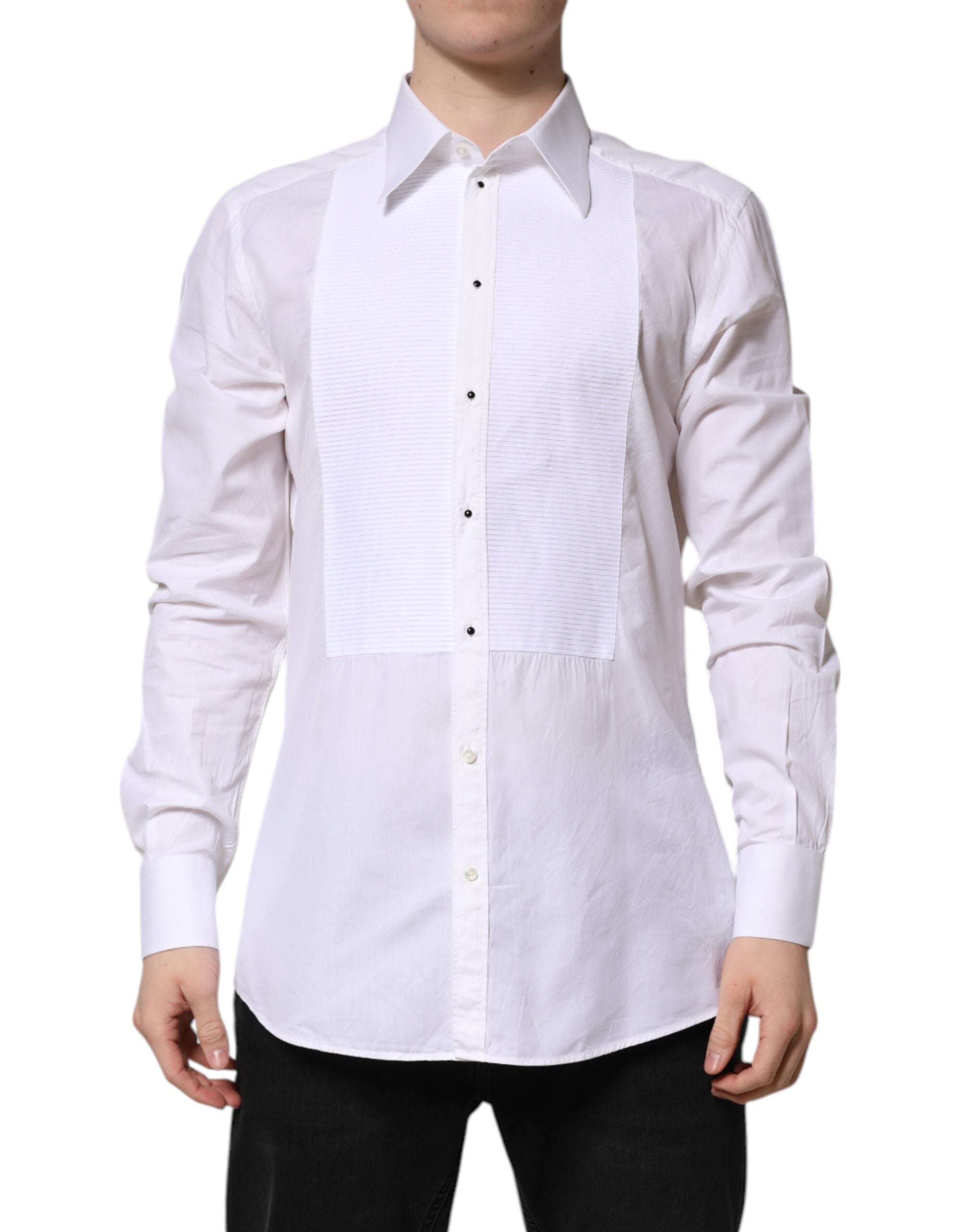 Chemise blanche en coton à manches longues de Dolce & Gabbana avec détails dorés pour un style formel élégant