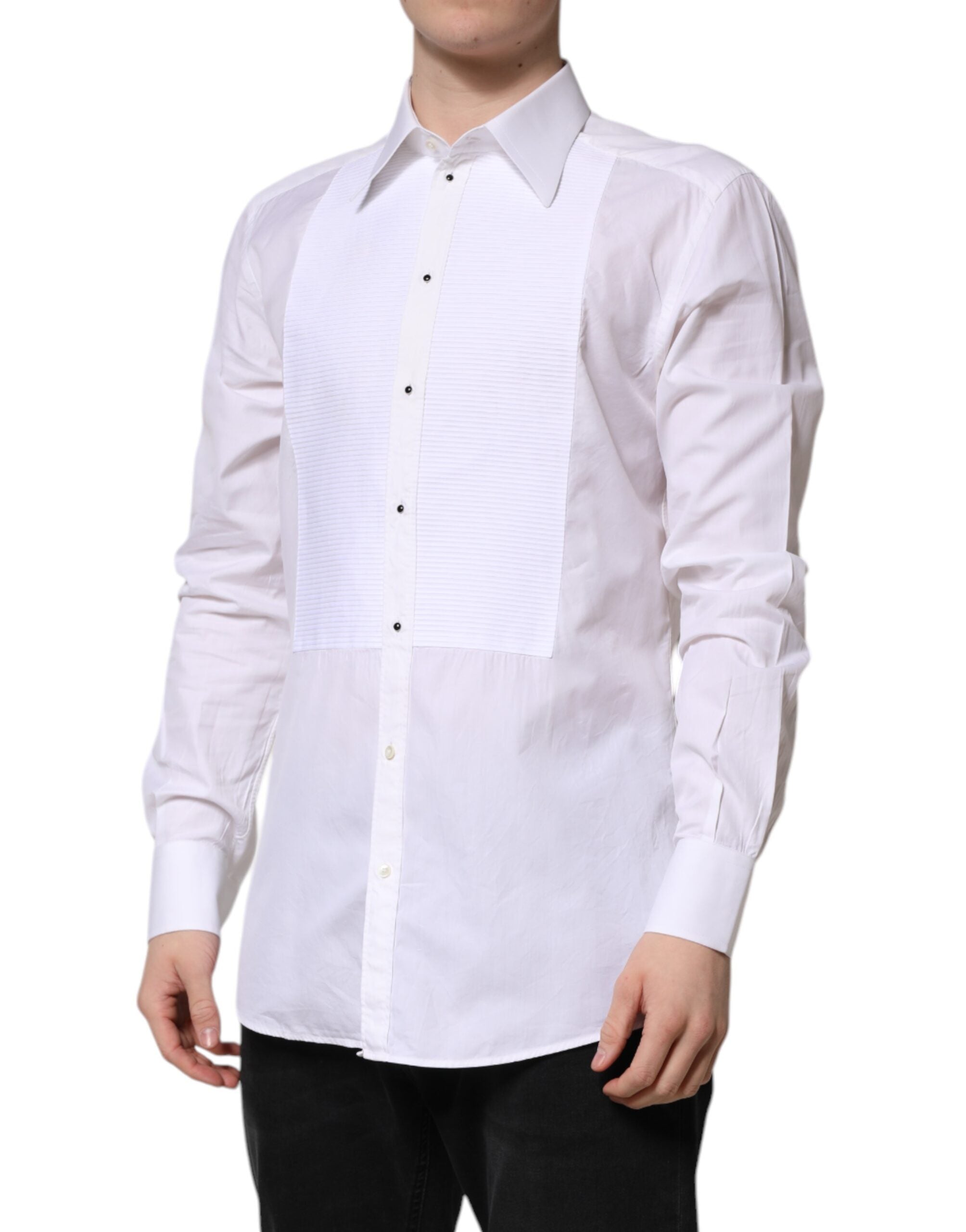 Chemise formelle blanche en coton Dolce & Gabbana avec manches longues et détails dorés, élégante et raffinée.