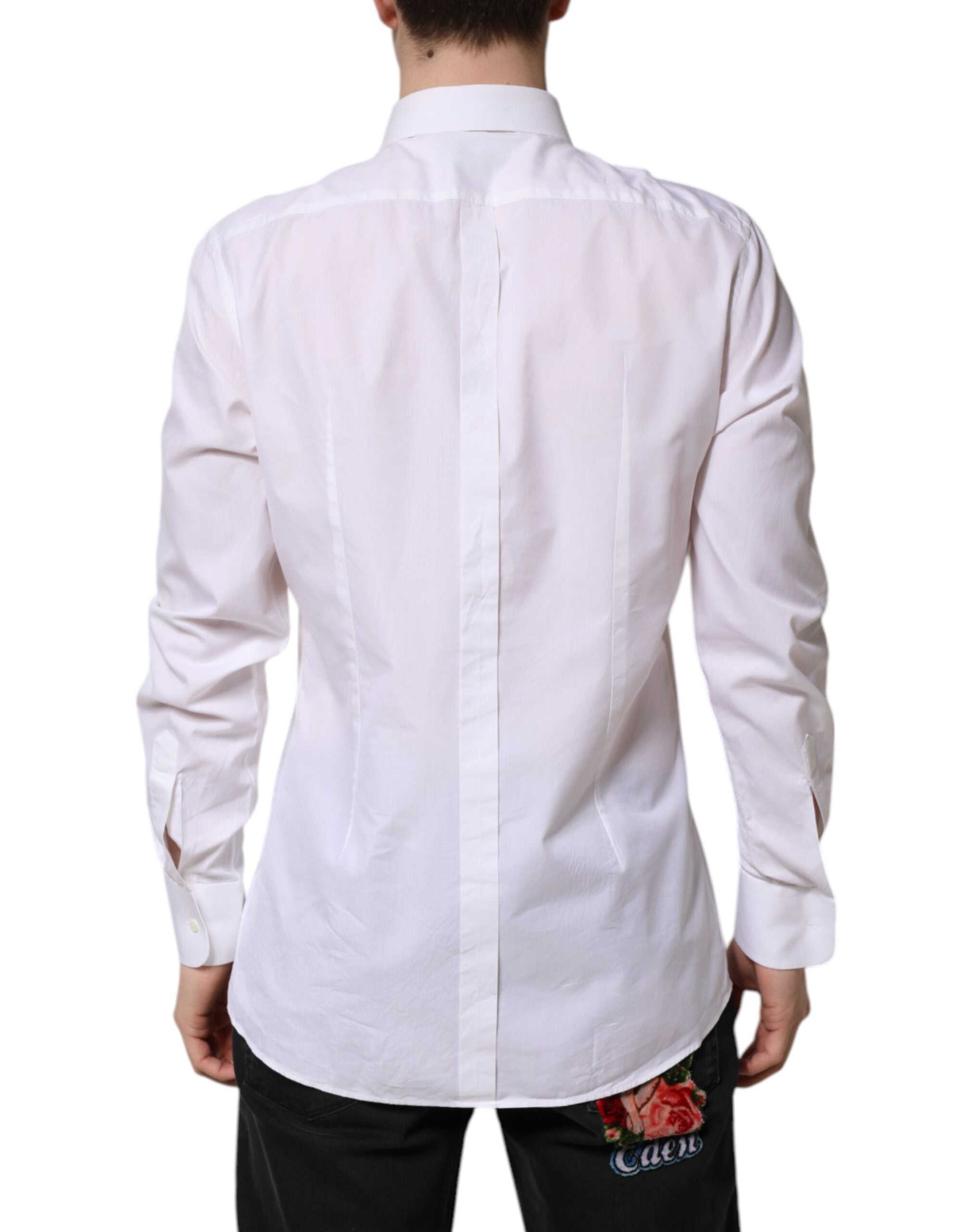 Chemise formelle blanche Dolce & Gabbana en coton à manches longues avec détails dorés, élégante et sophistiquée.