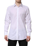 Chemise formelle blanche en coton à manches longues Dolce & Gabbana avec détails en or doré, vue de face.