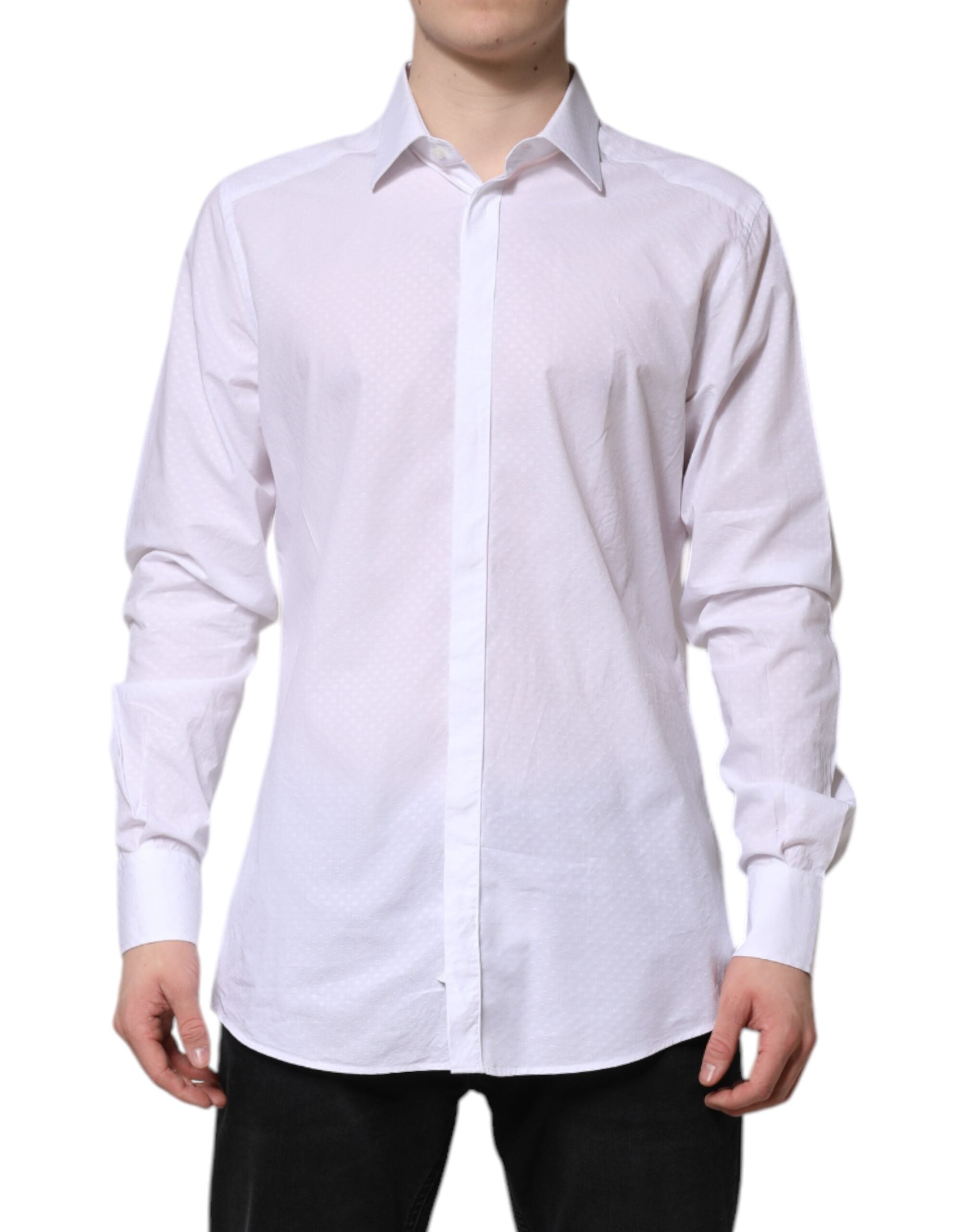 Chemise formelle blanche en coton à manches longues Dolce & Gabbana avec détails en or doré, vue de face.