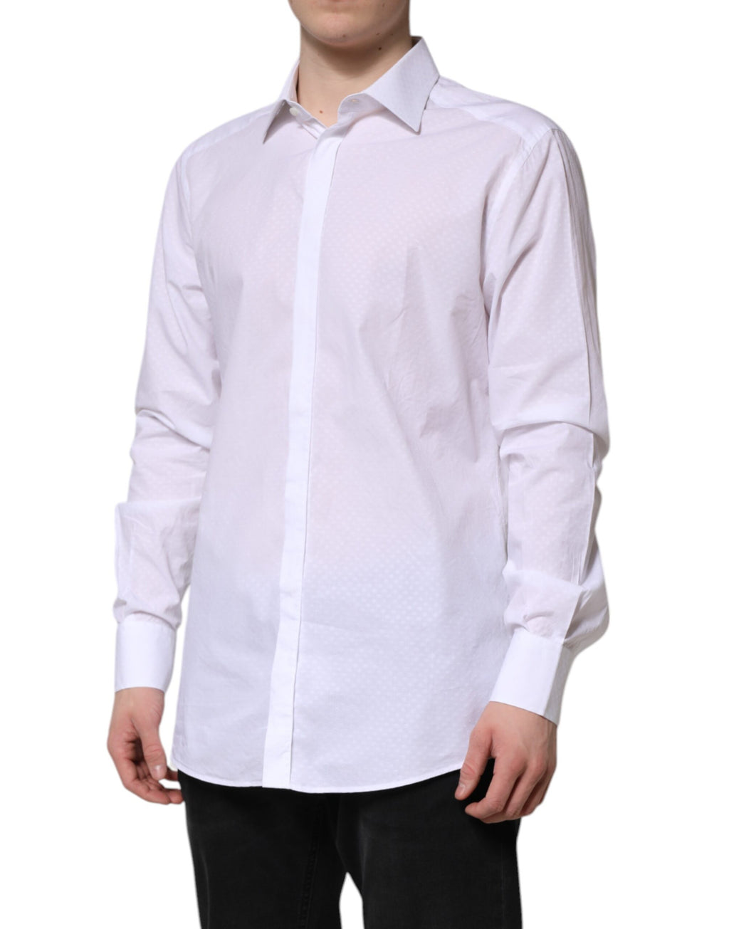 Chemise blanche formelle en coton à manches longues de Dolce & Gabbana avec détails dorés.