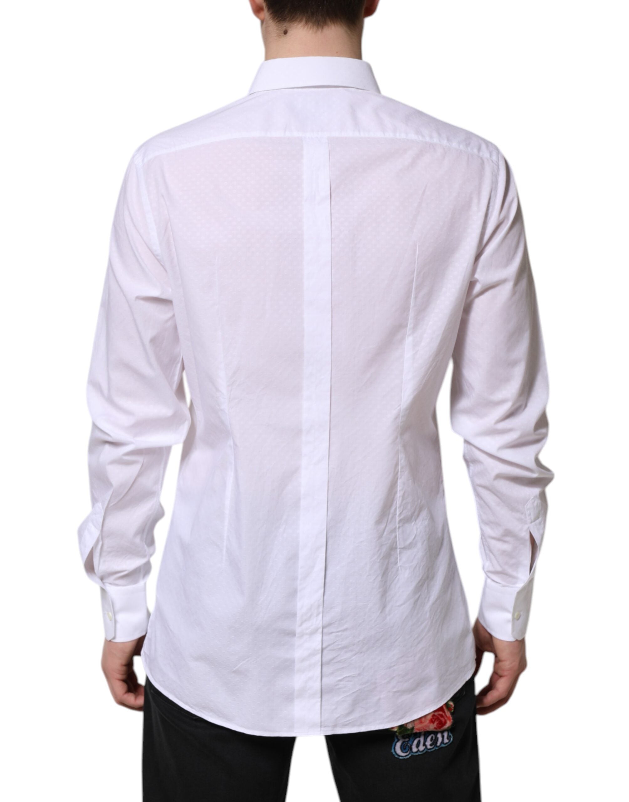 Chemise formelle blanche Dolce & Gabbana en coton à manches longues avec détails dorés.