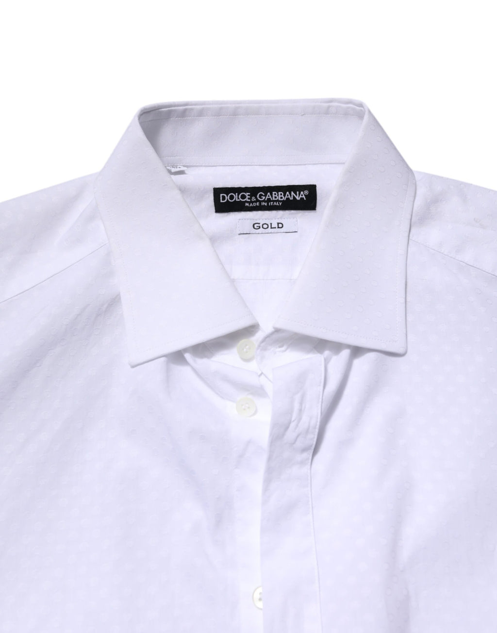 Chemise formelle blanche Dolce & Gabbana en coton à manches longues avec accents dorés, élégante et sophistiquée.