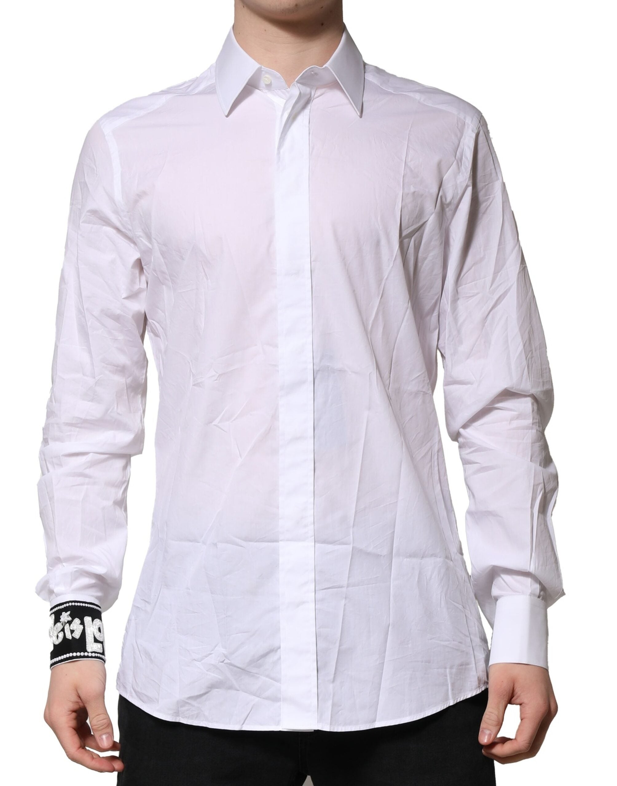 Chemise blanche en coton Dolce & Gabbana pour homme, style formel avec détails dorés et coupe élégante.