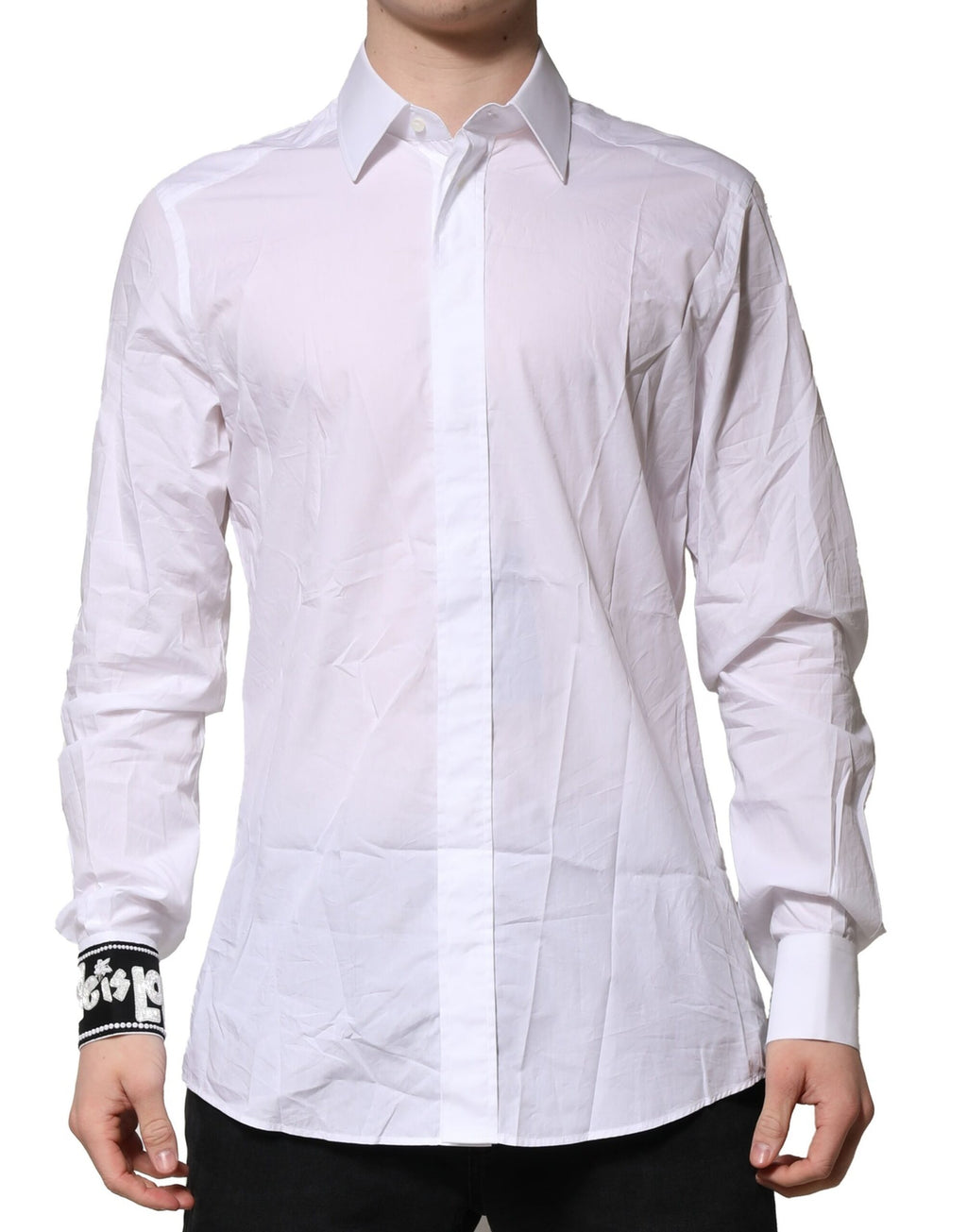 Chemise blanche en coton Dolce & Gabbana pour homme, style formel et élégant avec détails dorés.