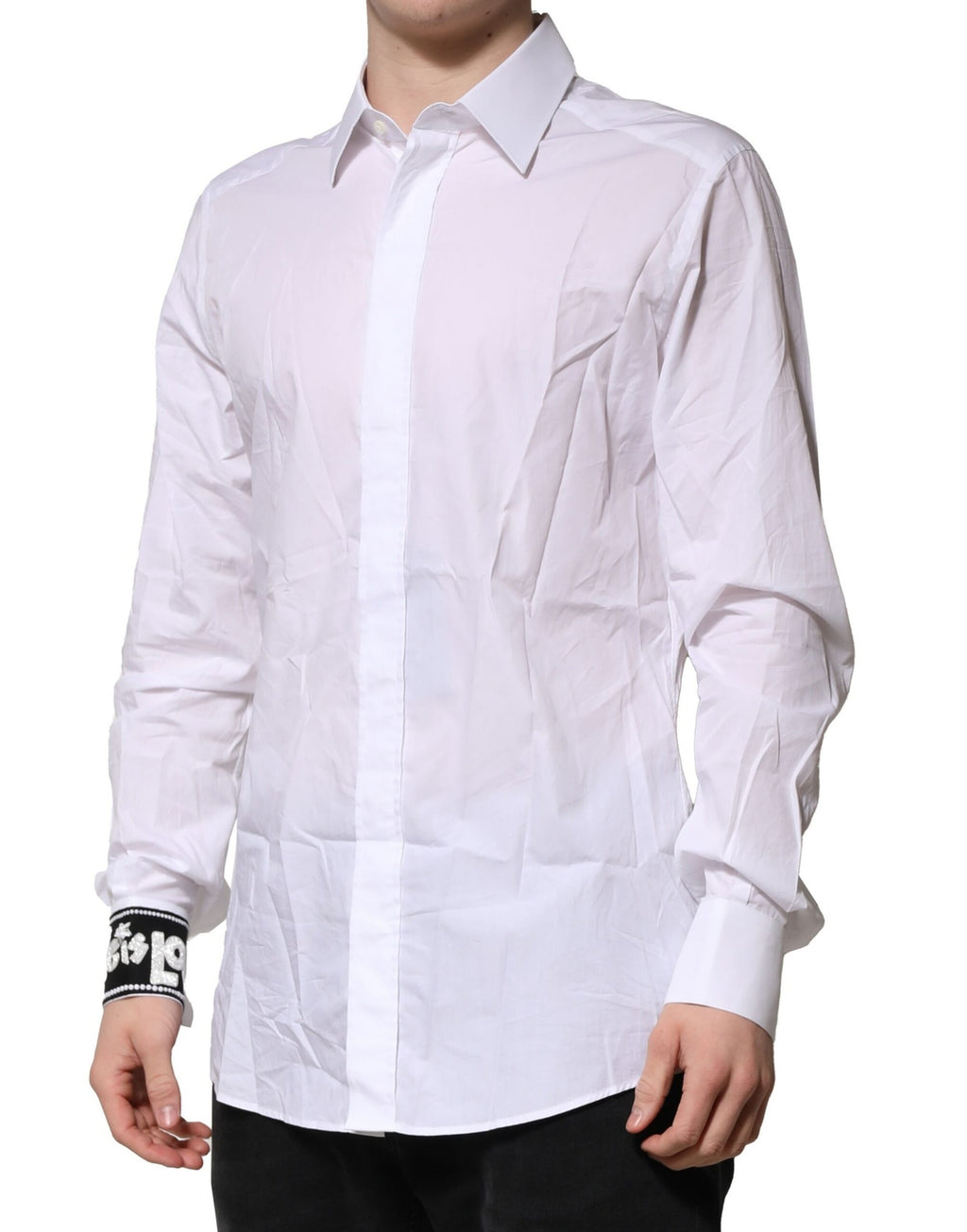 Chemise homme formelle blanche Dolce & Gabbana en coton avec détails dorés, style élégant et sophistiqué.