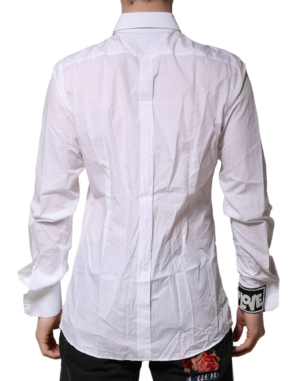 Chemise formelle blanche en coton Dolce & Gabbana avec détails en or pour hommes, élégante et sophistiquée.