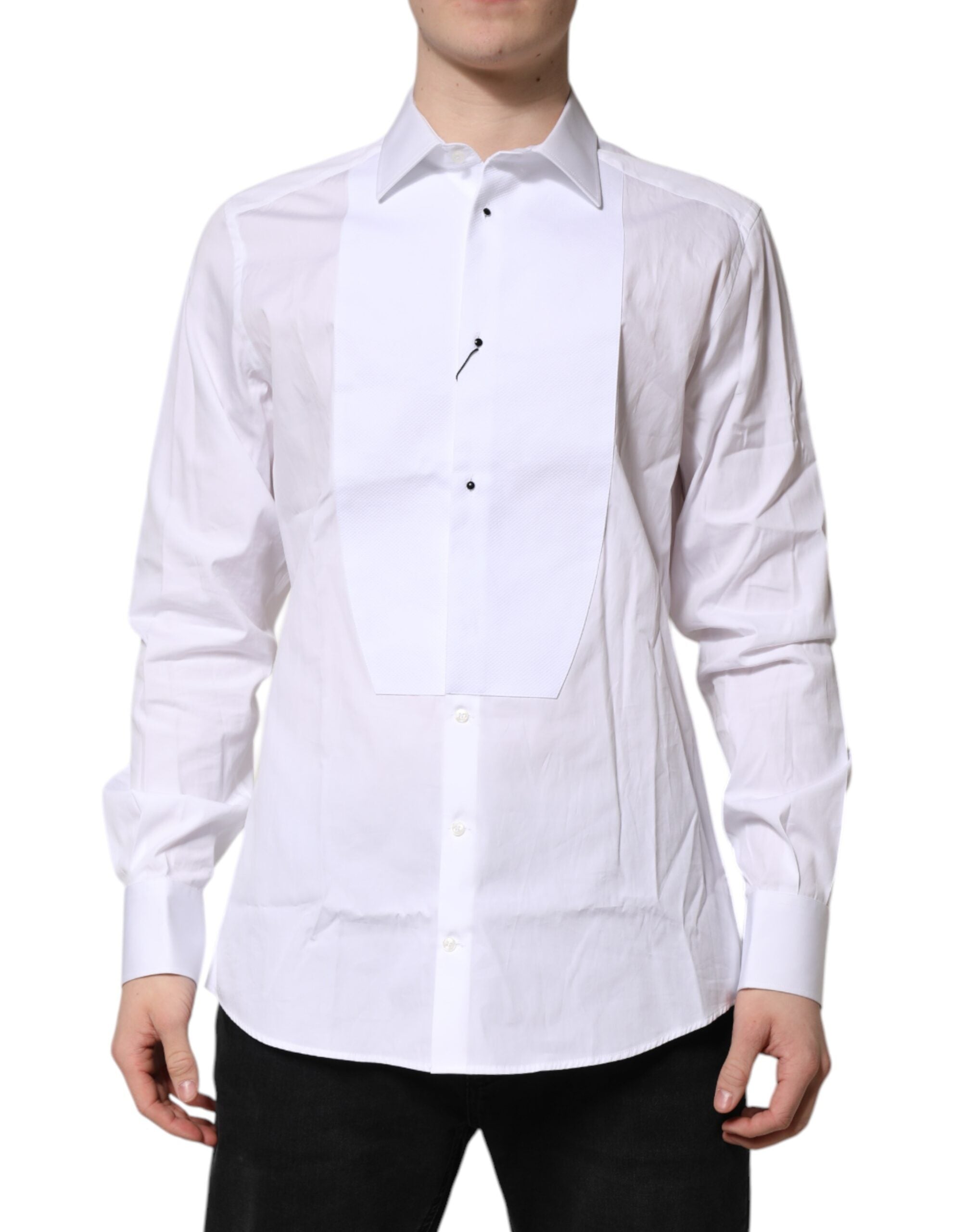 Chemise formelle blanche en soie avec bib en popeline dorée de Dolce & Gabbana, détails élégants visibles sur l'image.