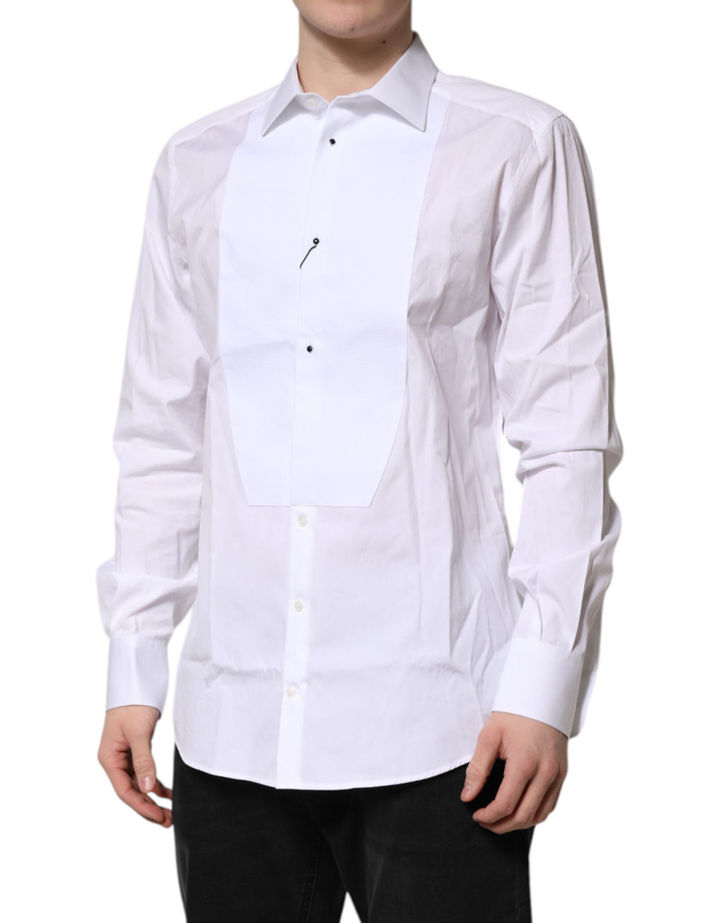 Chemise formelle pour homme Dolce & Gabbana en popeline de soie blanche avec détails dorés.