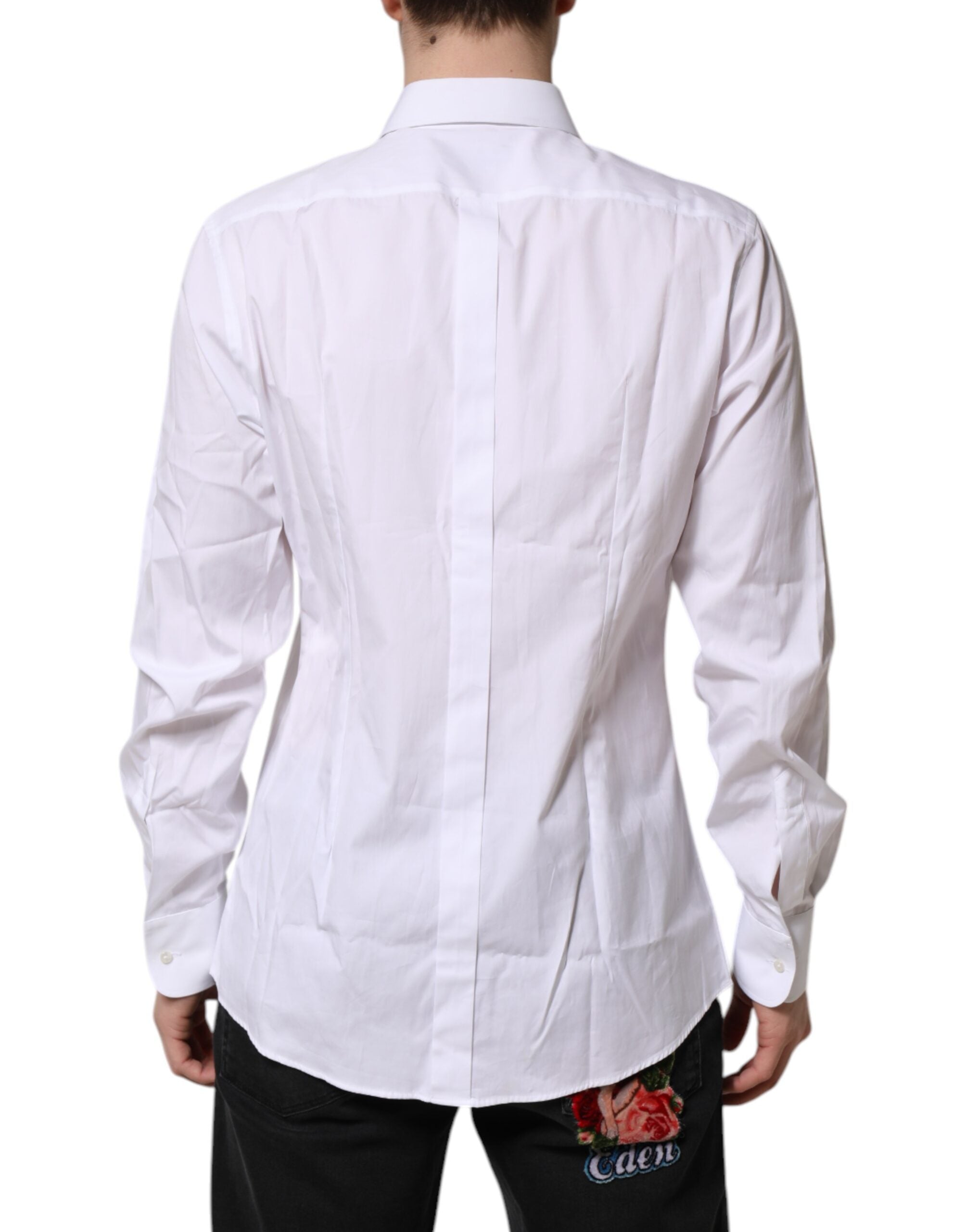 Chemise formelle blanche en popeline de soie Dolce & Gabbana pour homme avec détails dorés.