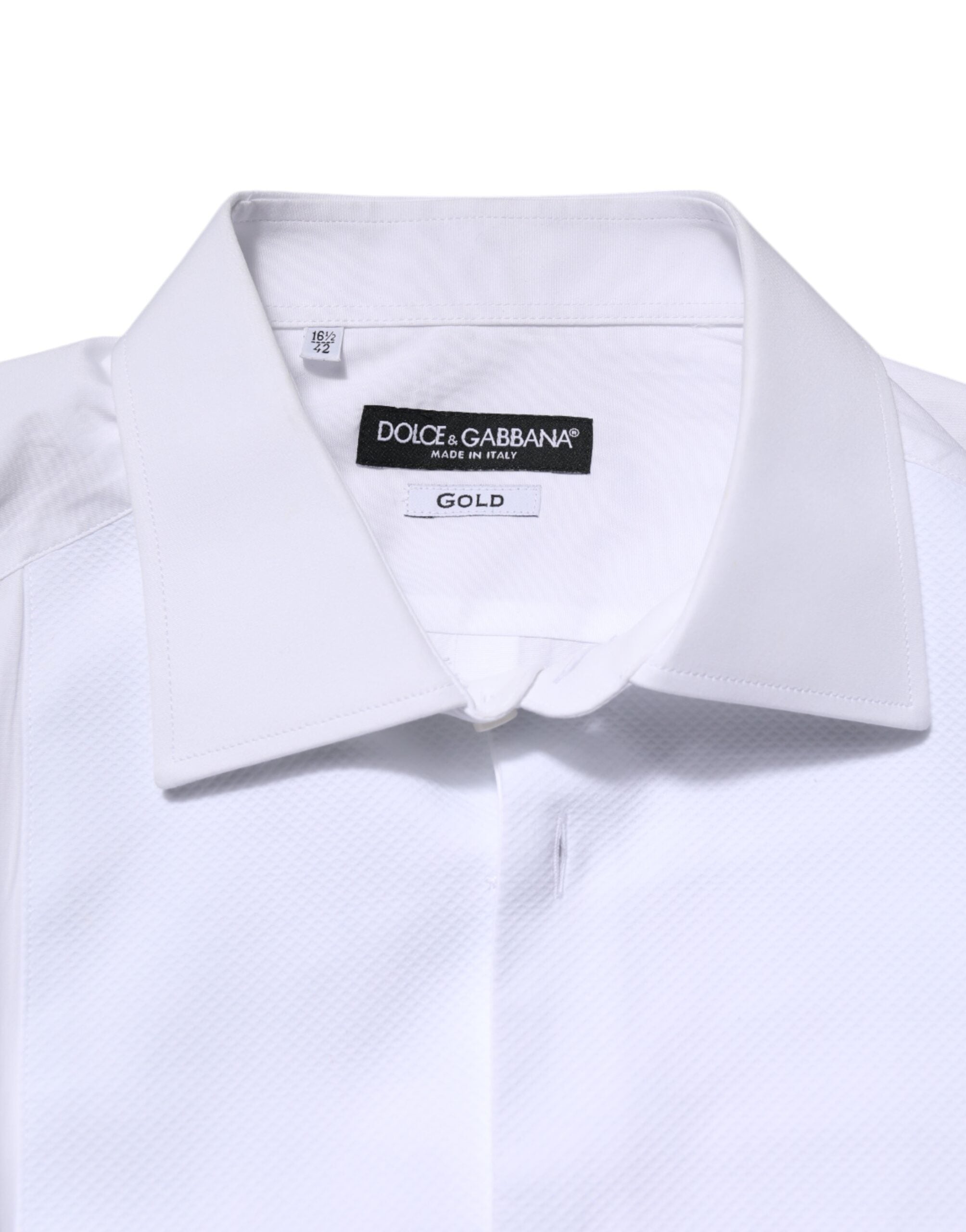 Chemise formelle blanche en soie et popeline Dolce & Gabbana pour homme, avec détails dorés élégants.