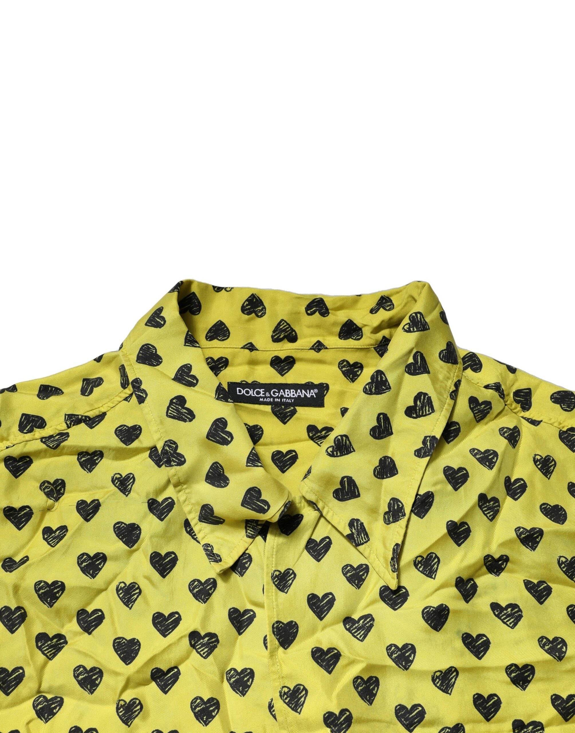 Chemise homme Dolce & Gabbana à manches courtes, jaune avec motif cœur, style décontracté.