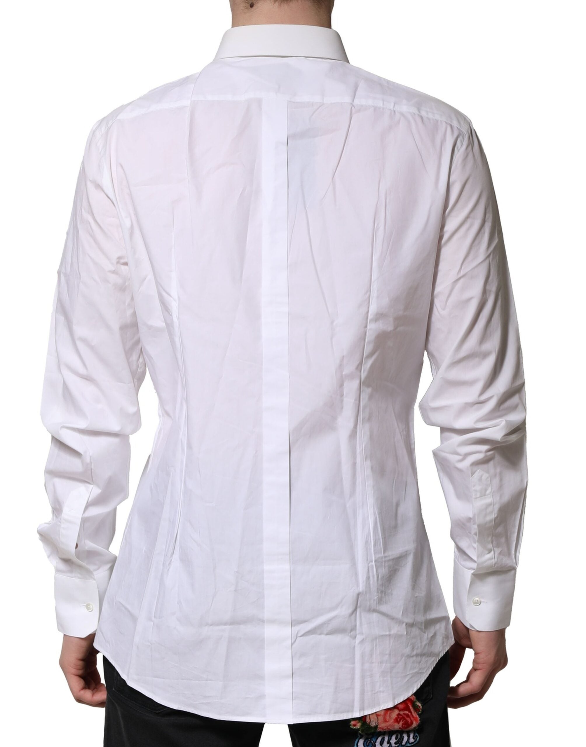 Chemise formelle blanche en coton Dolce & Gabbana avec manches longues et détails dorés, élégante pour occasions spéciales.