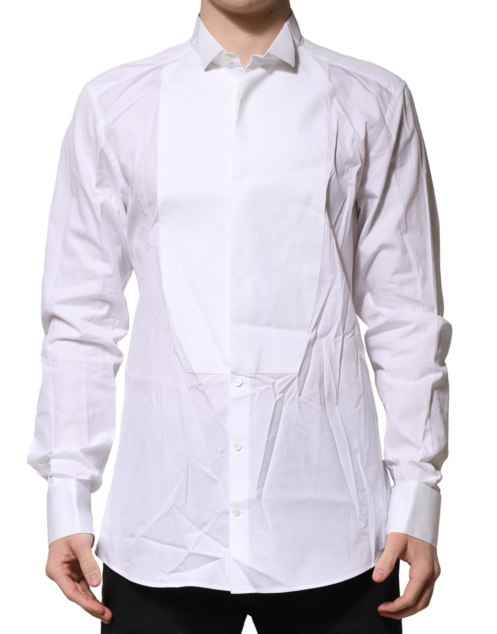 Chemise formelle blanche Dolce & Gabbana avec détails en or, robe en popeline pour hommes, élégante et sophistiquée.