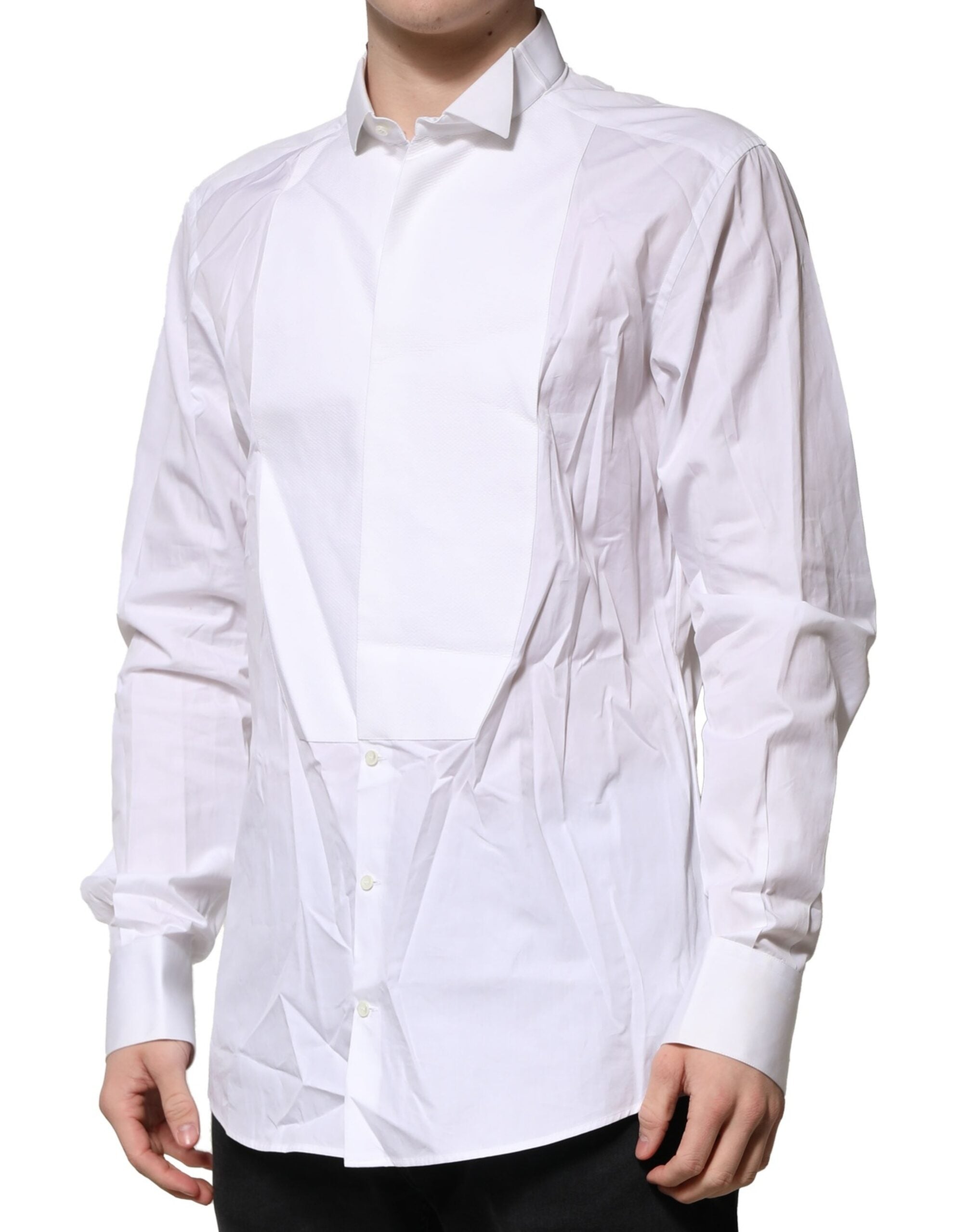 Chemise formelle blanche Dolce & Gabbana avec détails dorés et bib en popeline, pour hommes élégants.