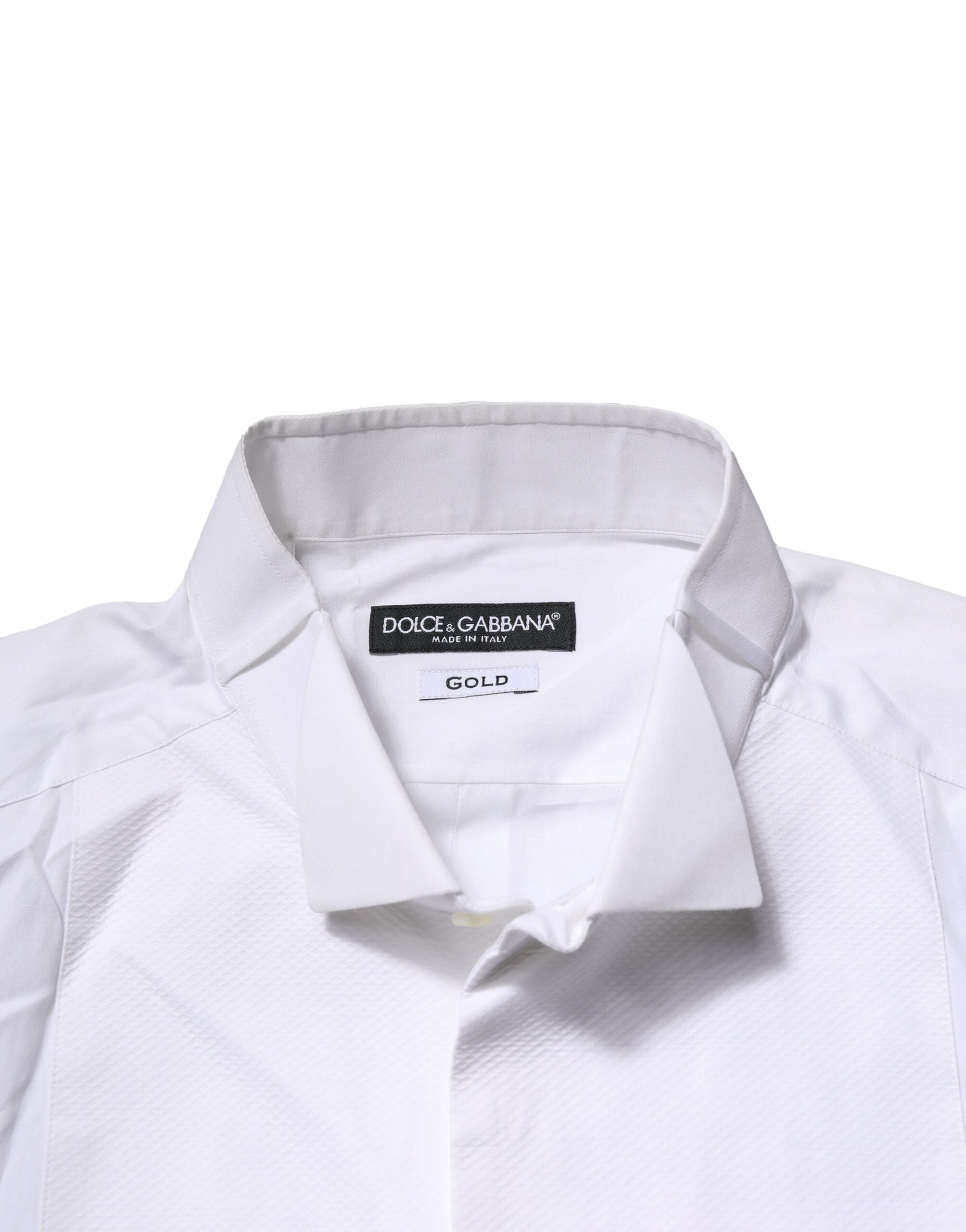 Chemise formelle blanche Dolce & Gabbana avec détails dorés en bib, en coton popeline, pour hommes.