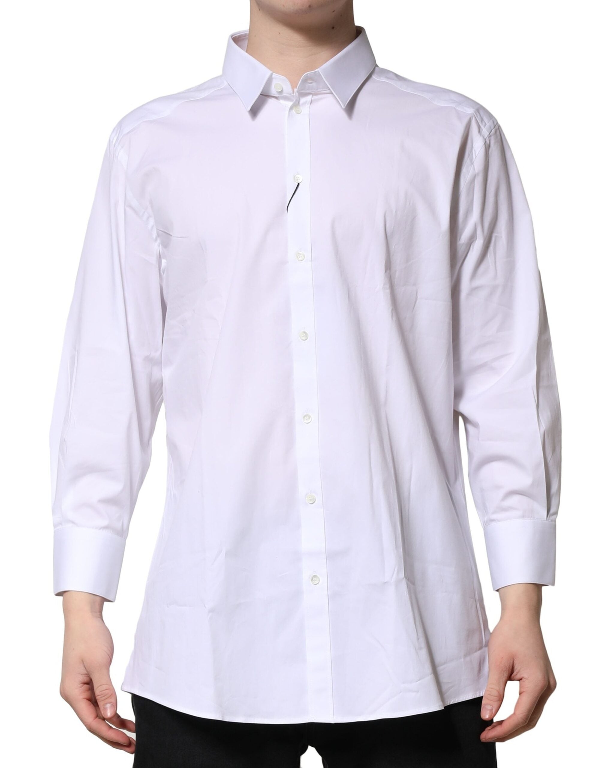 Chemise formelle blanche à manches longues Dolce & Gabbana avec détails dorés pour homme.