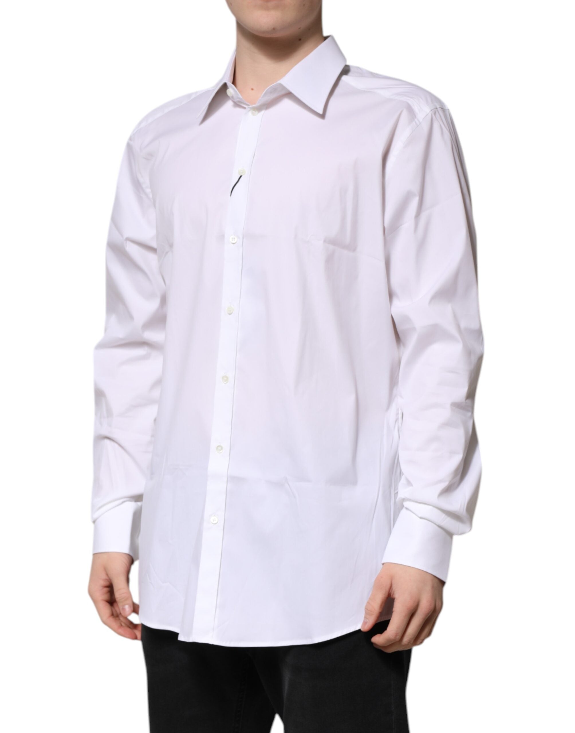 Chemise homme Dolce & Gabbana blanche à manches longues, style formel avec accents en or doré.