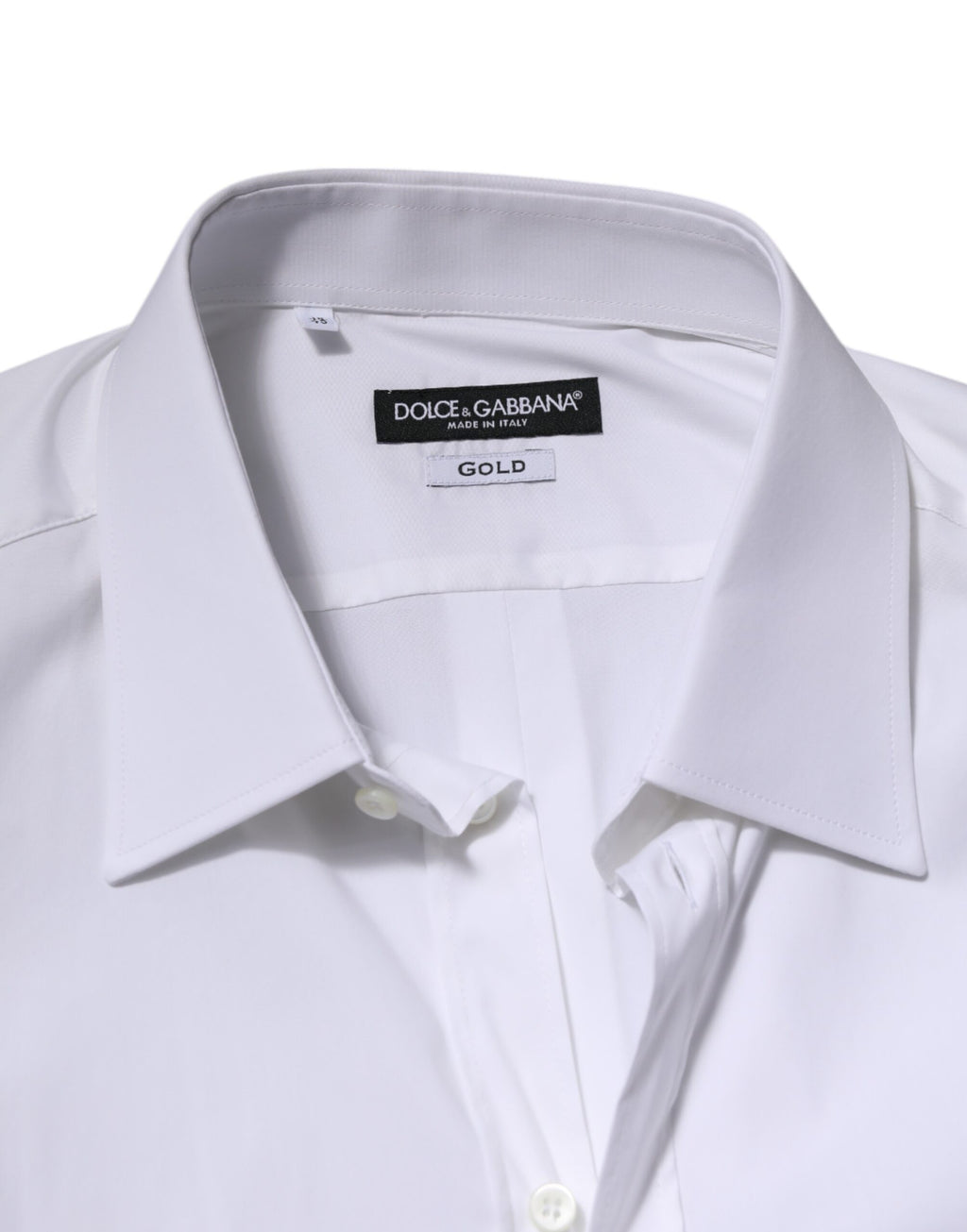 Chemise formelle blanche à manches longues Dolce & Gabbana avec détails dorés, élégante pour homme.