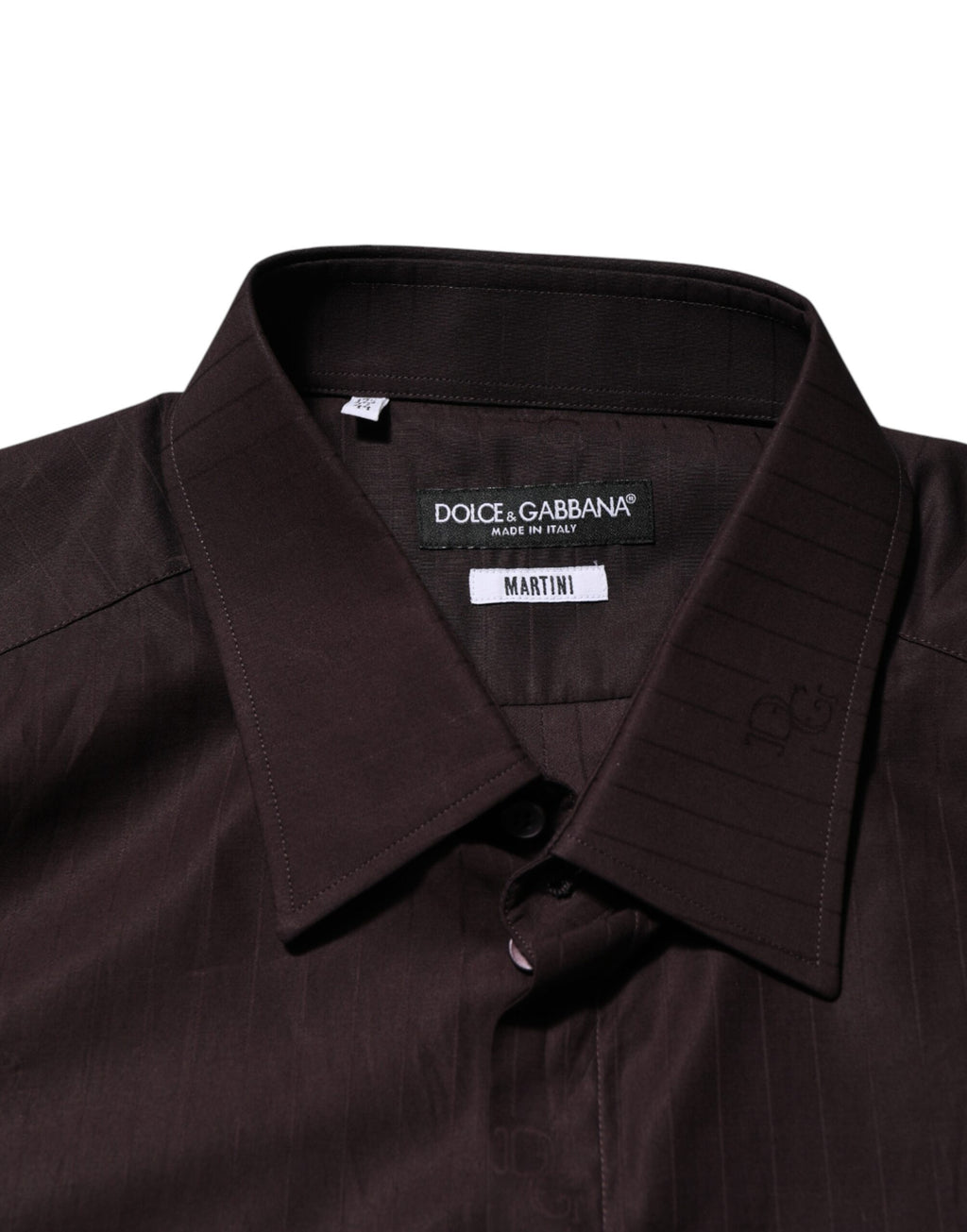 Chemise longue Dolce & Gabbana en coton marron avec manches longues, style Martini, visible détails de couture et col classique.