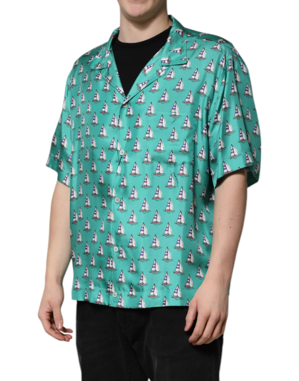 Chemise décontractée à manches courtes Dolce & Gabbana verte à imprimé, style casual, vue de face.