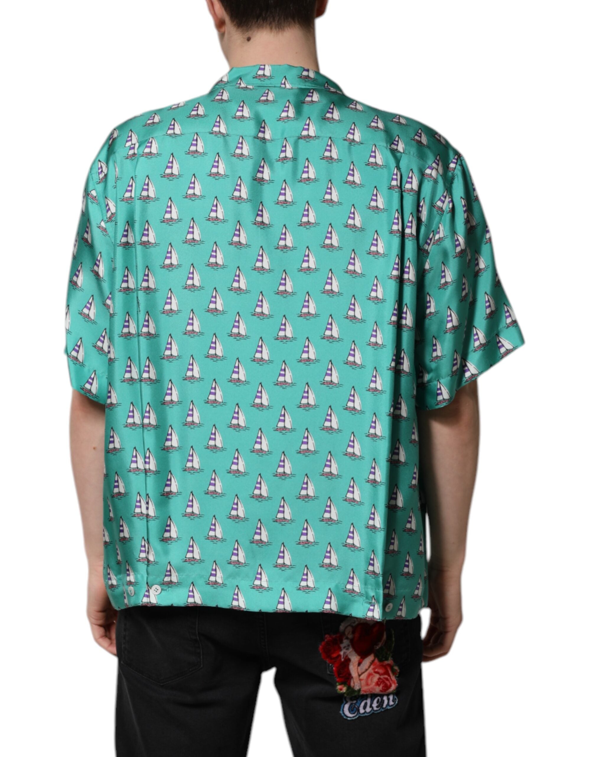 Chemise décontractée à manches courtes Dolce & Gabbana verte à imprimé floral, tissu léger, style casual et élégant.