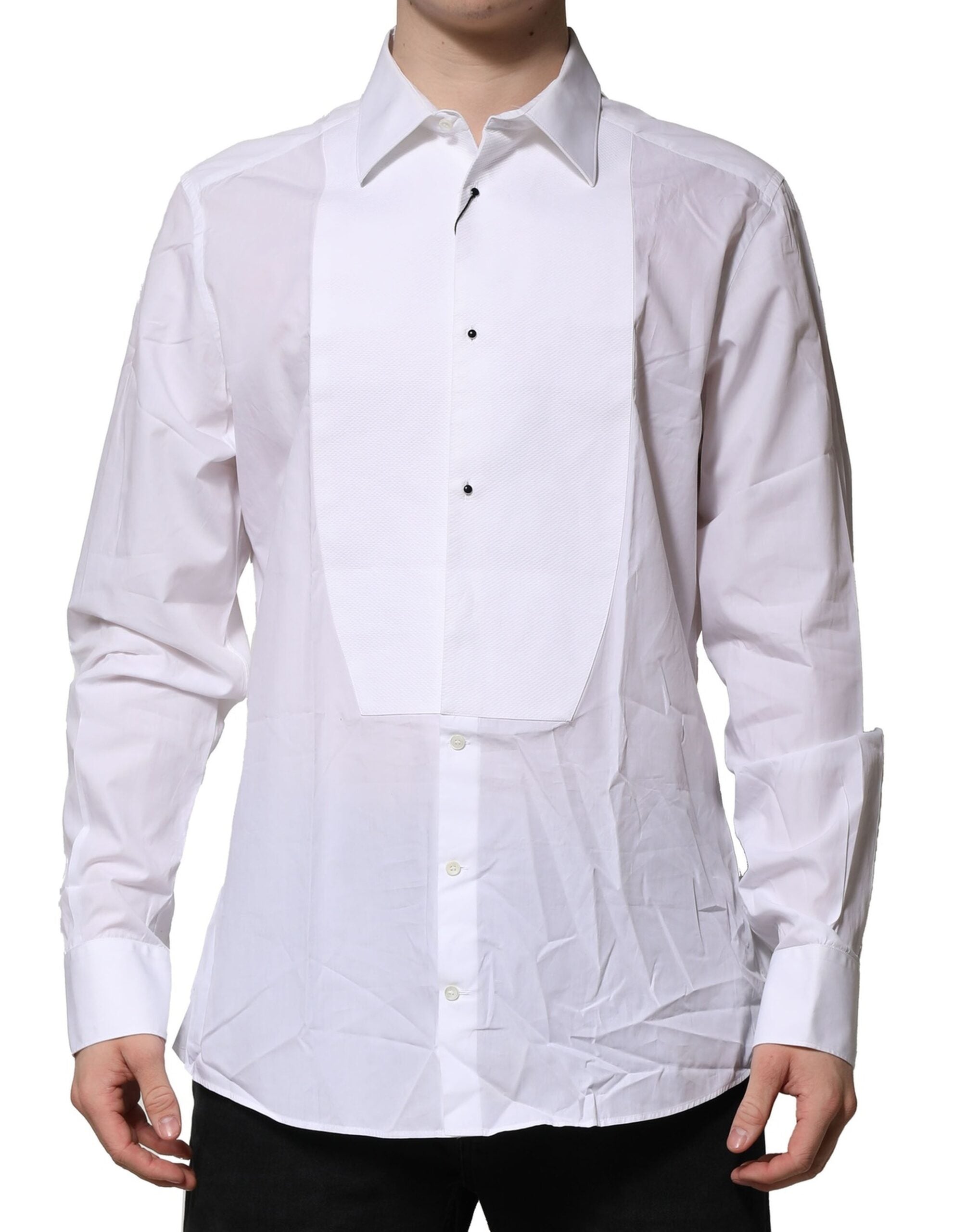 Chemise formelle blanche Dolce & Gabbana en coton popeline avec détails dorés, vue rapprochée du devant.