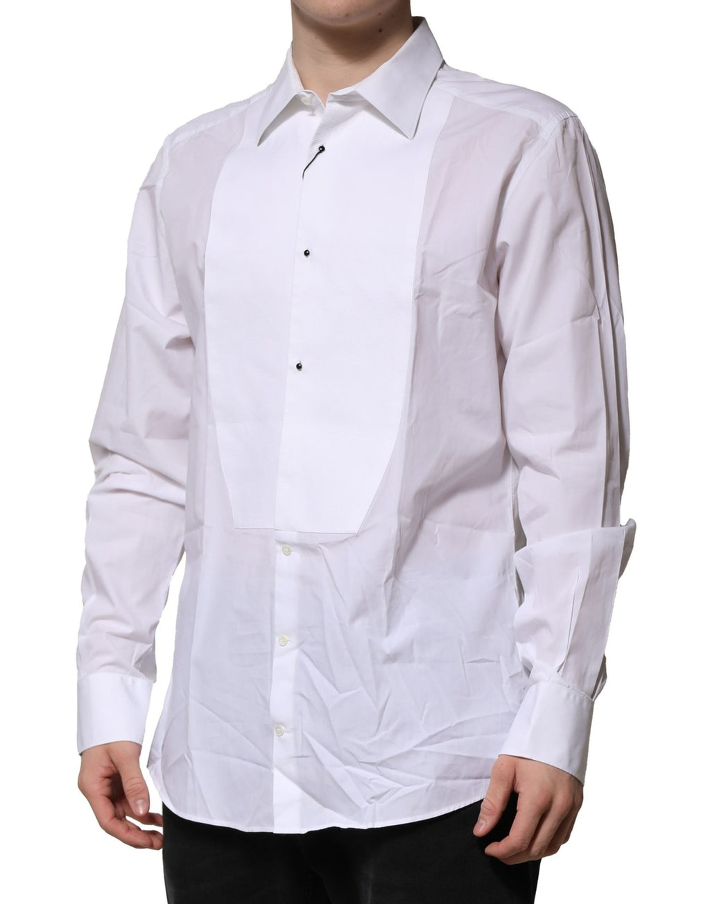 Chemise formelle Dolce & Gabbana blanche en coton popeline avec détails dorés, col classique et manches longues.