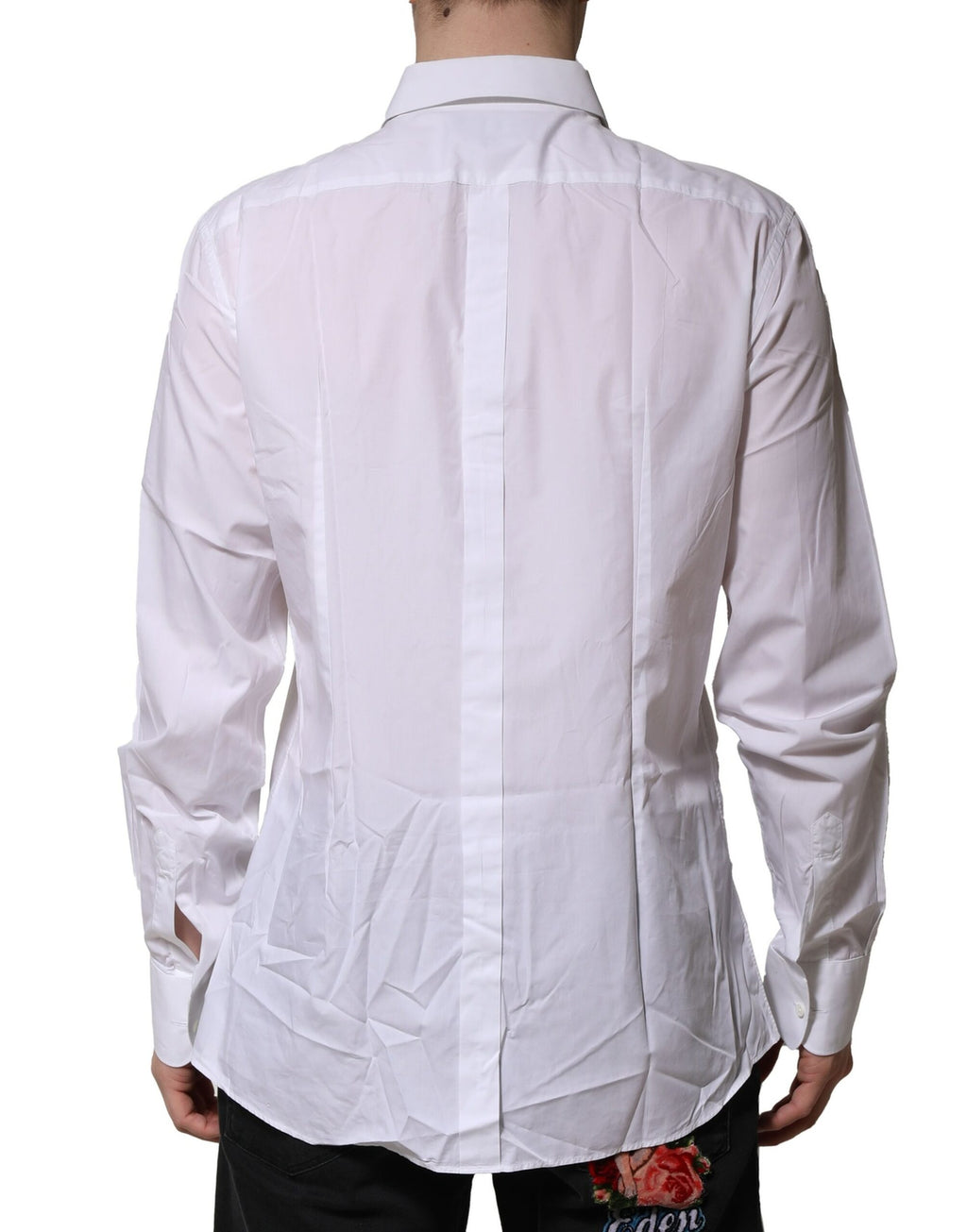 Chemise formelle blanche Dolce & Gabbana en coton popeline avec détails dorés, vue de face.