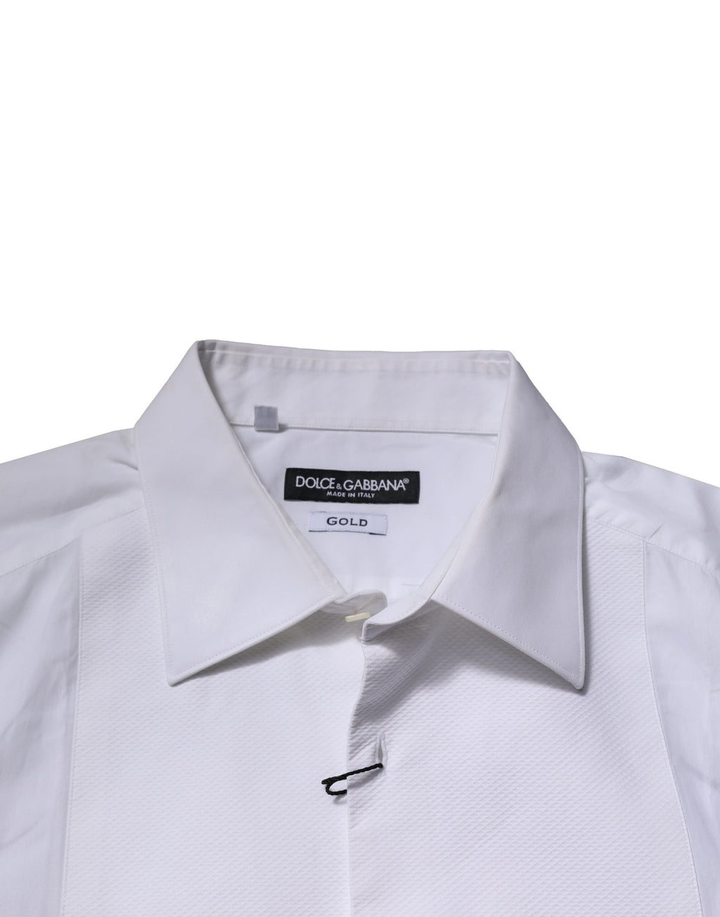 Chemise formelle blanche Dolce & Gabbana en coton popeline avec détails dorés, vue de face.