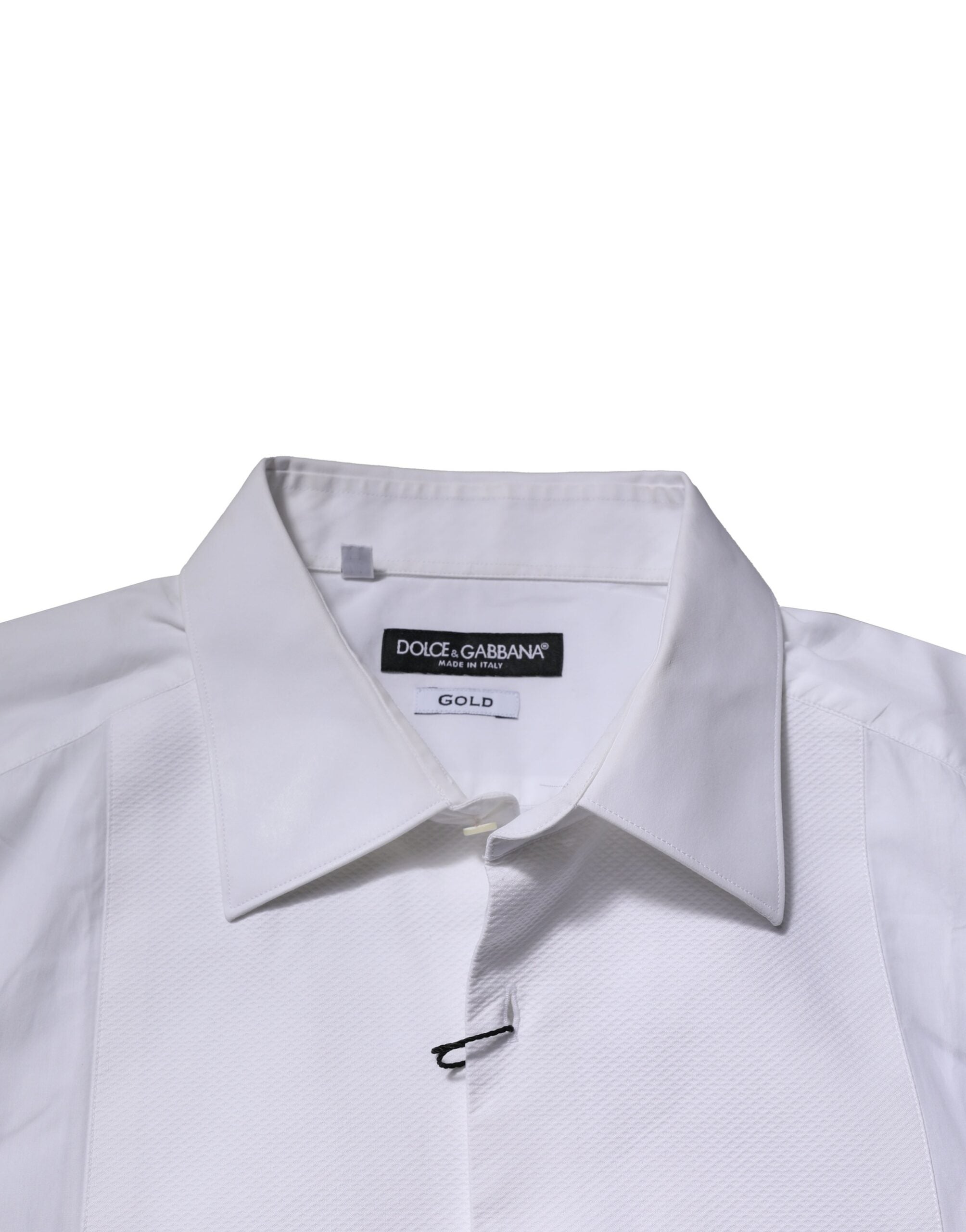 Chemise formelle blanche Dolce & Gabbana en coton popeline avec détails dorés, vue de face.