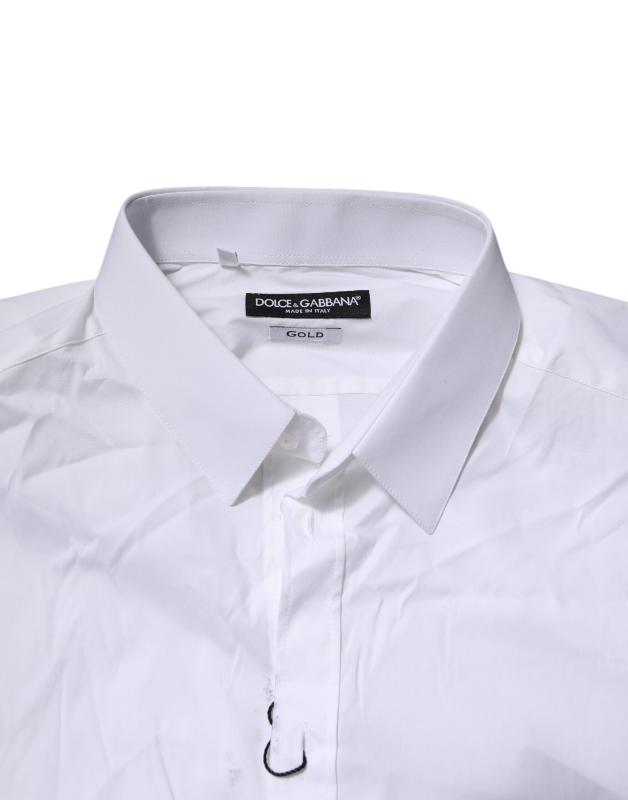 Chemise blanche en coton Dolce & Gabbana à manches longues, style formel avec détails en or.