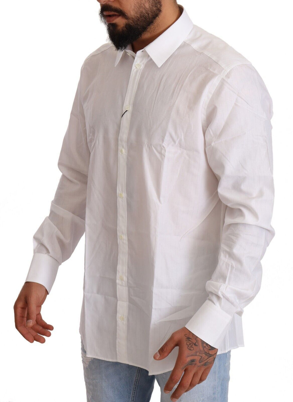 Chemise blanche en coton Dolce & Gabbana, coupe slim pour homme, style Martini, visible avec col et boutons.