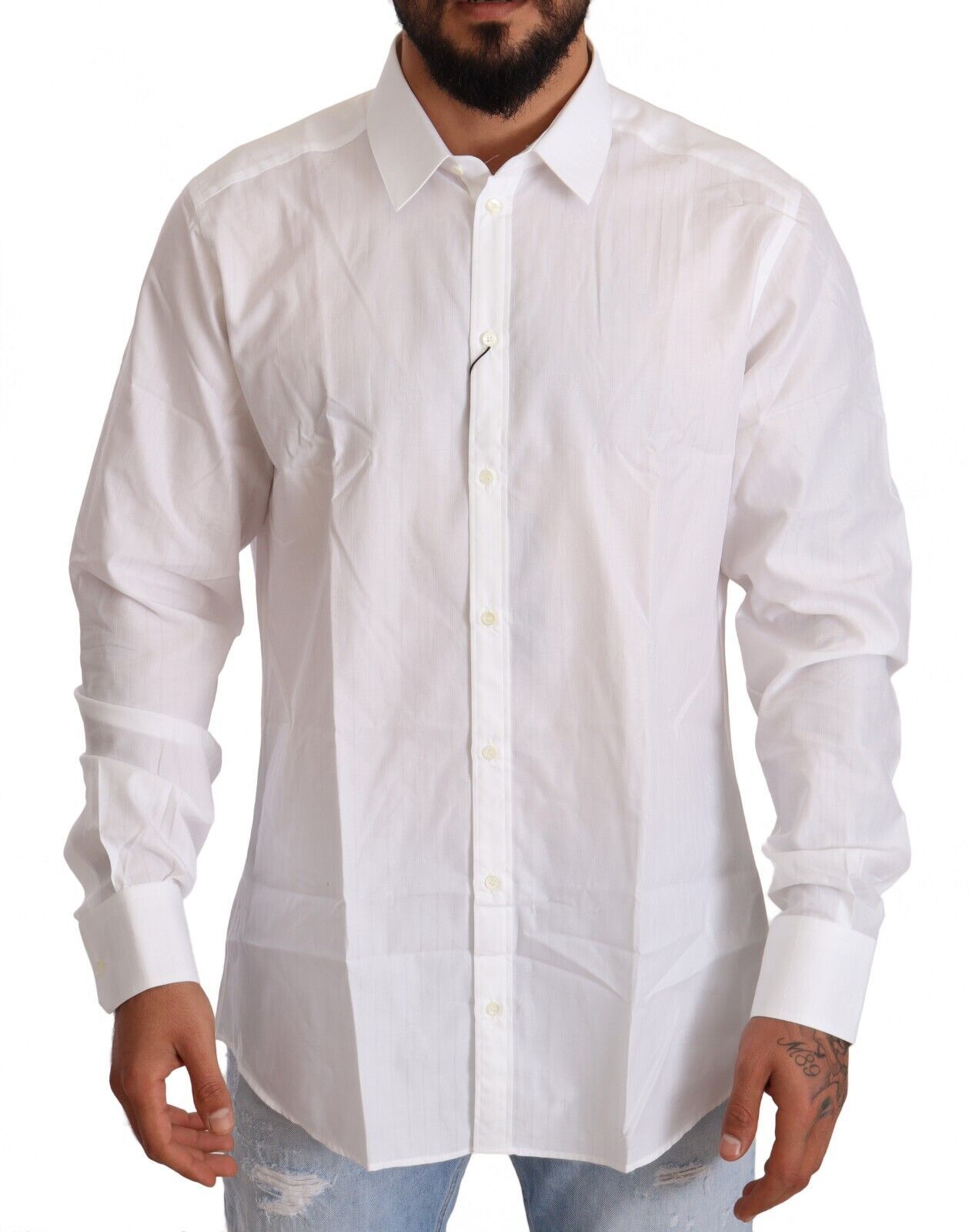 Chemise homme blanche Dolce & Gabbana MARTINI en coton à coupe slim, détails élégants visibles sur l'image.