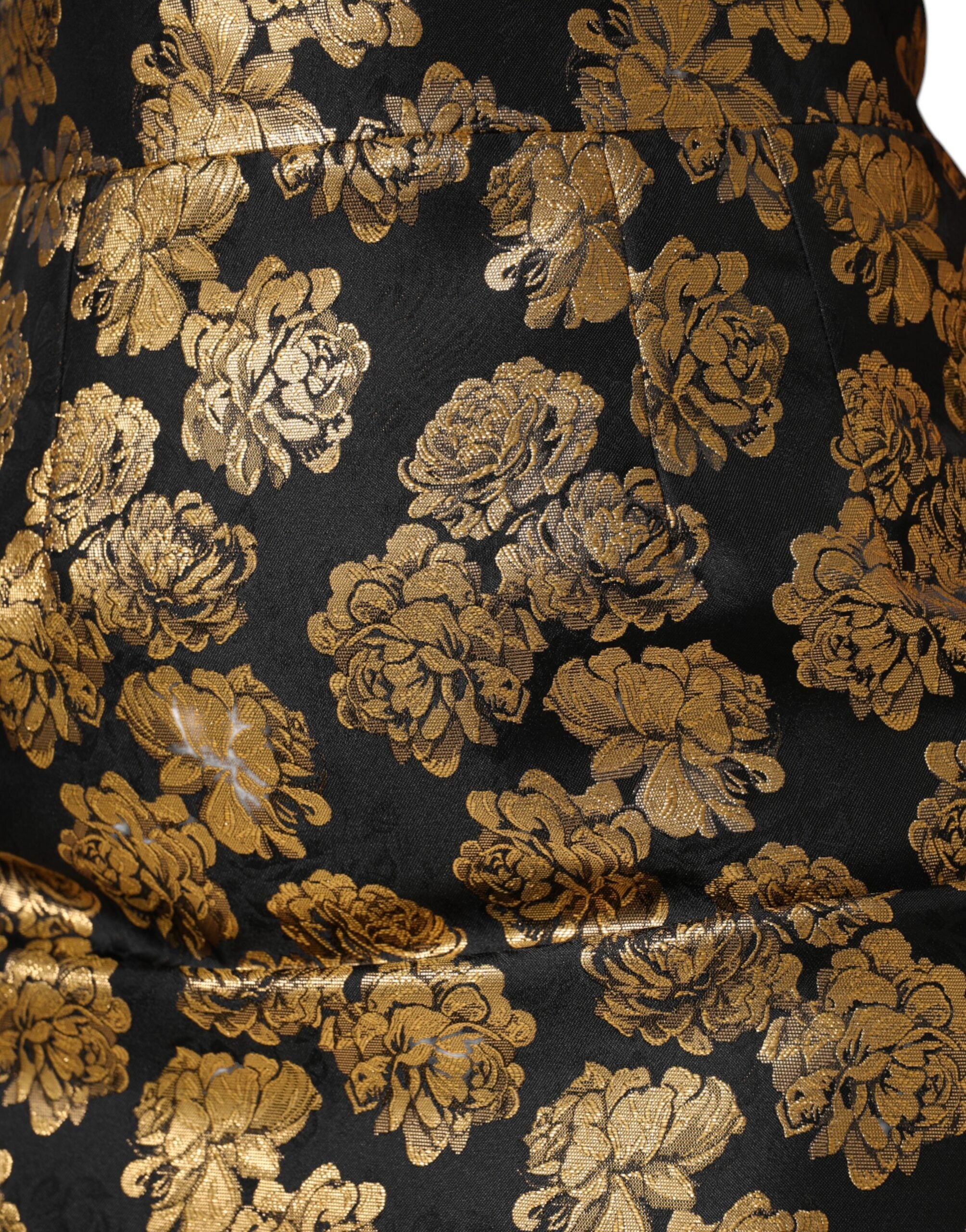 Jupe courte en jacquard noir et or à motif floral de Dolce & Gabbana, style élégant et sophistiqué.