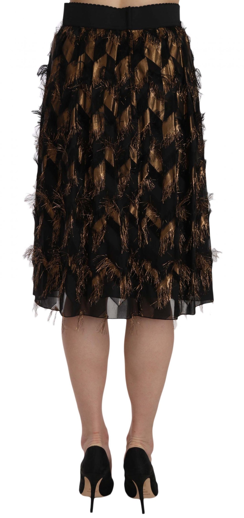 jupe en métal noir et or de coupe pencil et style A-line de Dolce & Gabbana, avec franges brillantes et élégantes