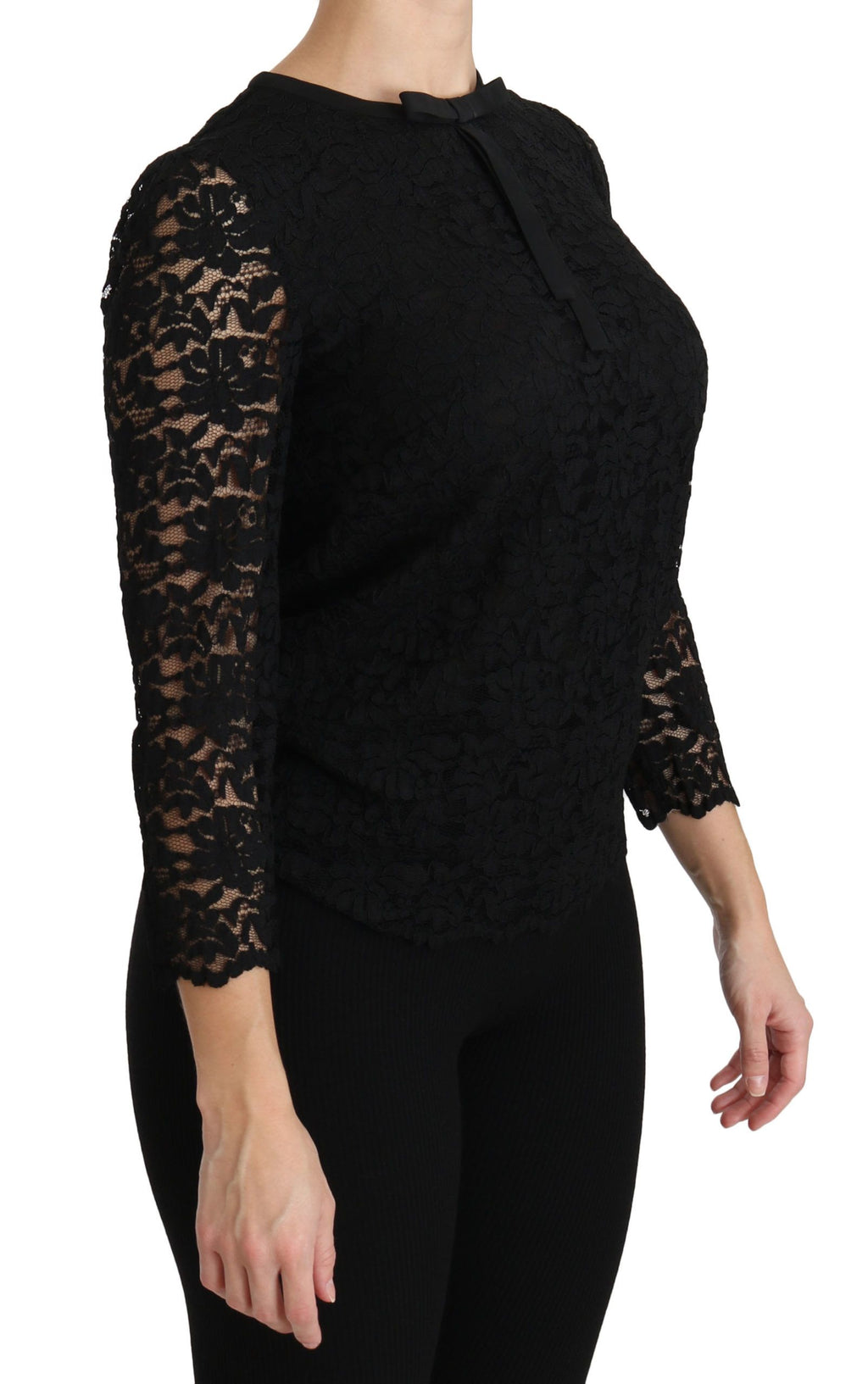 Blouse en nylon noir à manches longues en dentelle Dolce & Gabbana, détail élégant et finition raffinée visible sur l'image.