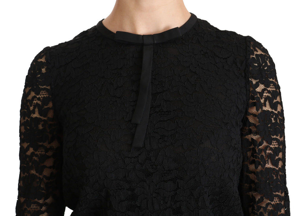 Blouse en nylon noire à manches longues avec dentelle, style élégant Dolce & Gabbana.