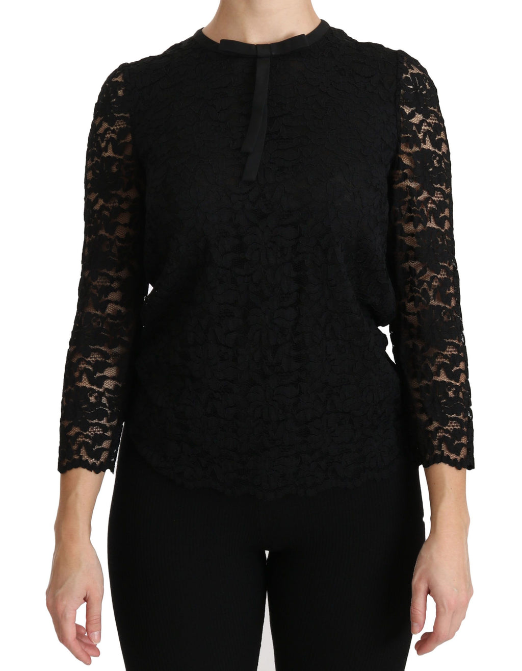 Chemise en nylon noire Dolce & Gabbana avec manches longues en dentelle élégante et détails sophistiqués.