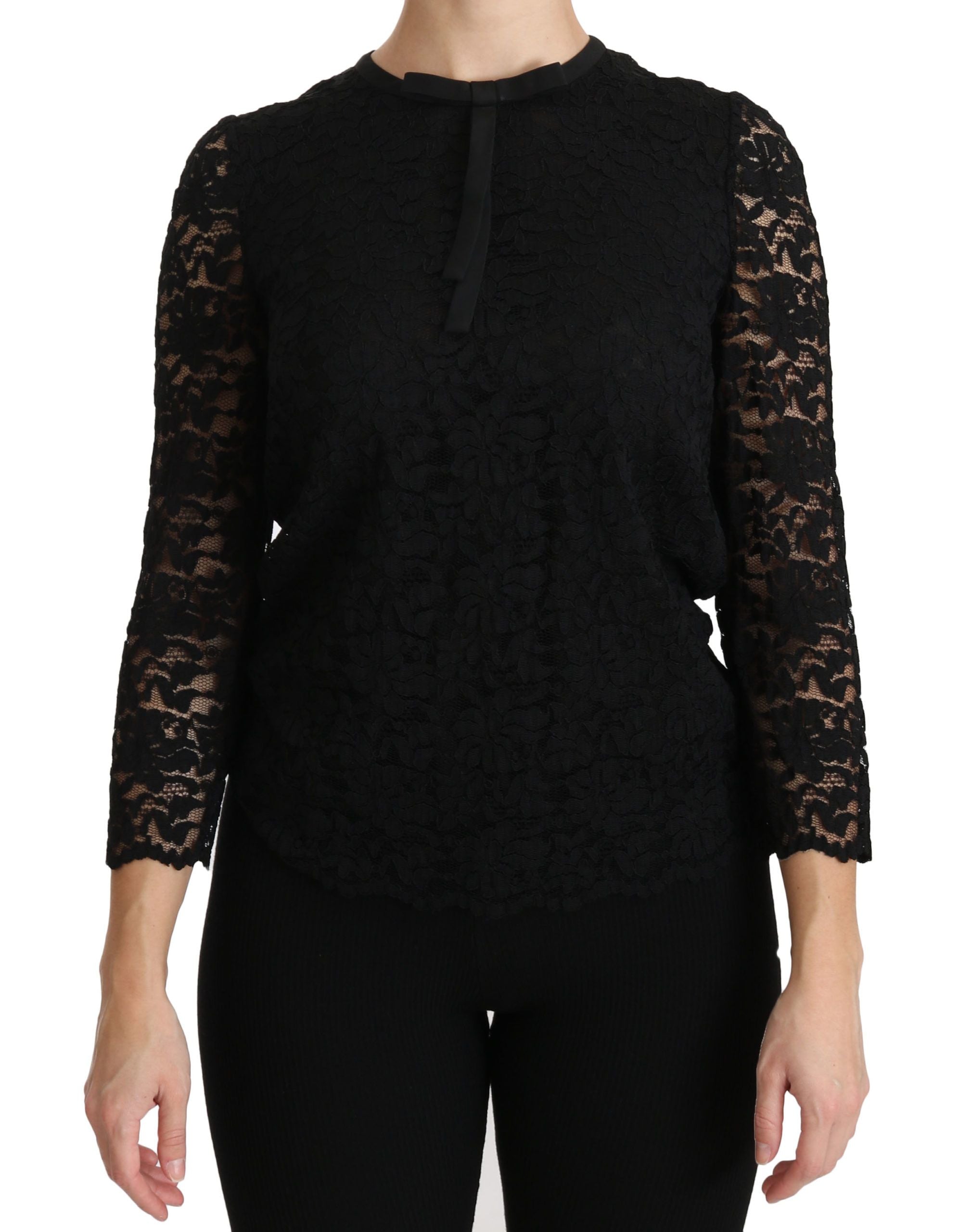Chemise en nylon noire Dolce & Gabbana avec manches longues en dentelle élégante et détails sophistiqués.