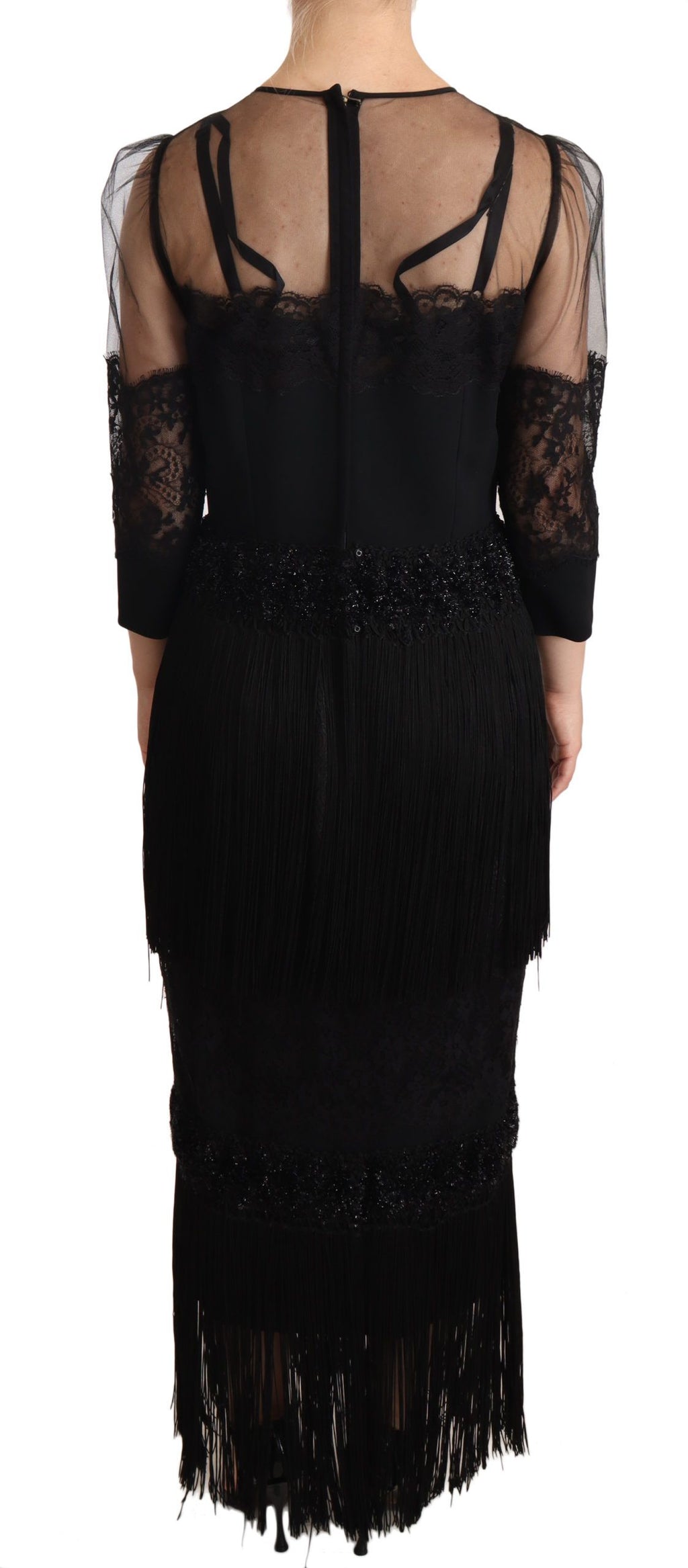 Robe longue noire en dentelle transparente à fleurs avec cristaux, design Dolce & Gabbana, élégante et sophistiquée.