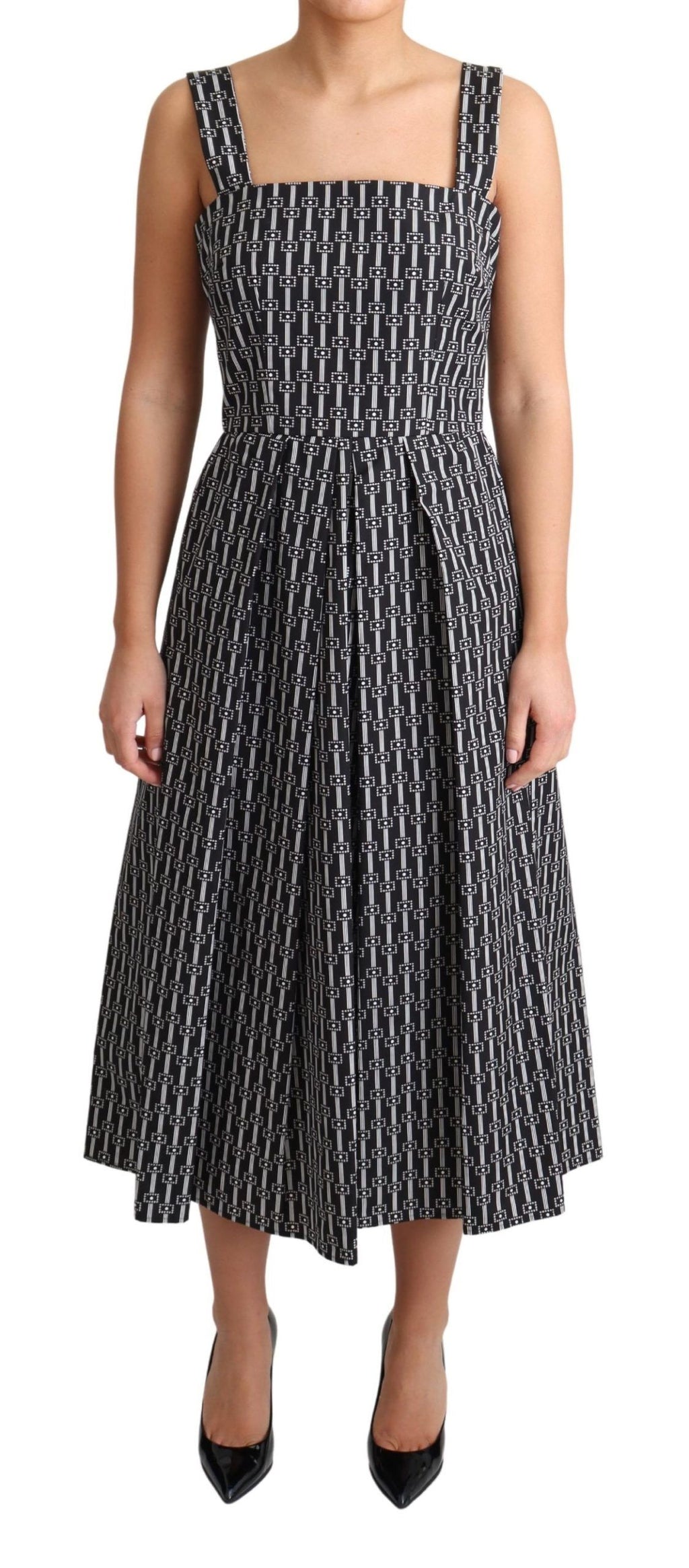 Robe trapèze en coton noir et blanc avec motif Dolce & Gabbana, élégante et moderne, vue de face.